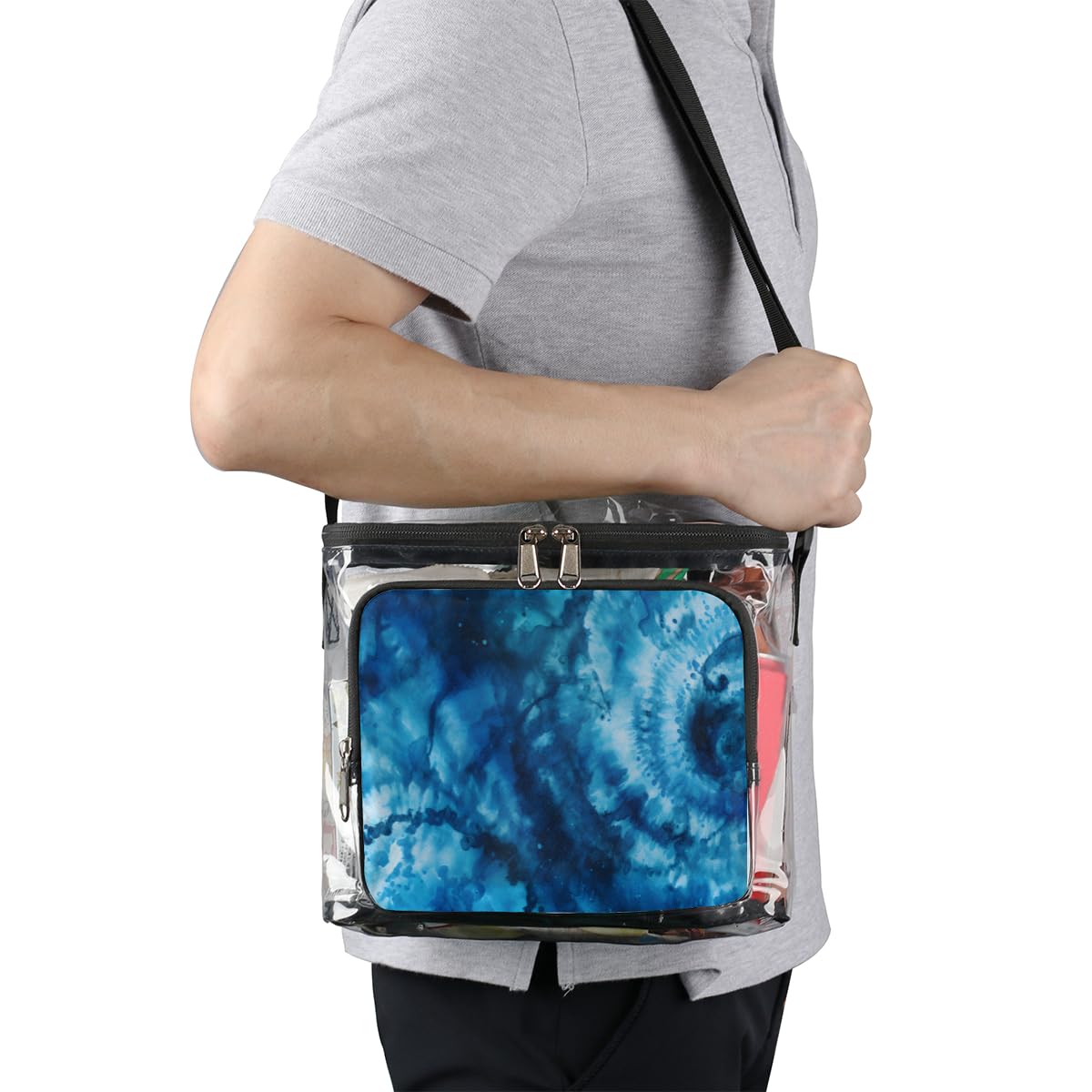 Swirl Tie Dye Clear Tote Bag with Handles - Blue Swirl Design Transparent Crossbody Shoulder Bag for Lunch, Beach & Outdoor Activities | Perfect for Travel, Picnics, Concerts & Sports Events | Stadium Approved Multipurpose Bag