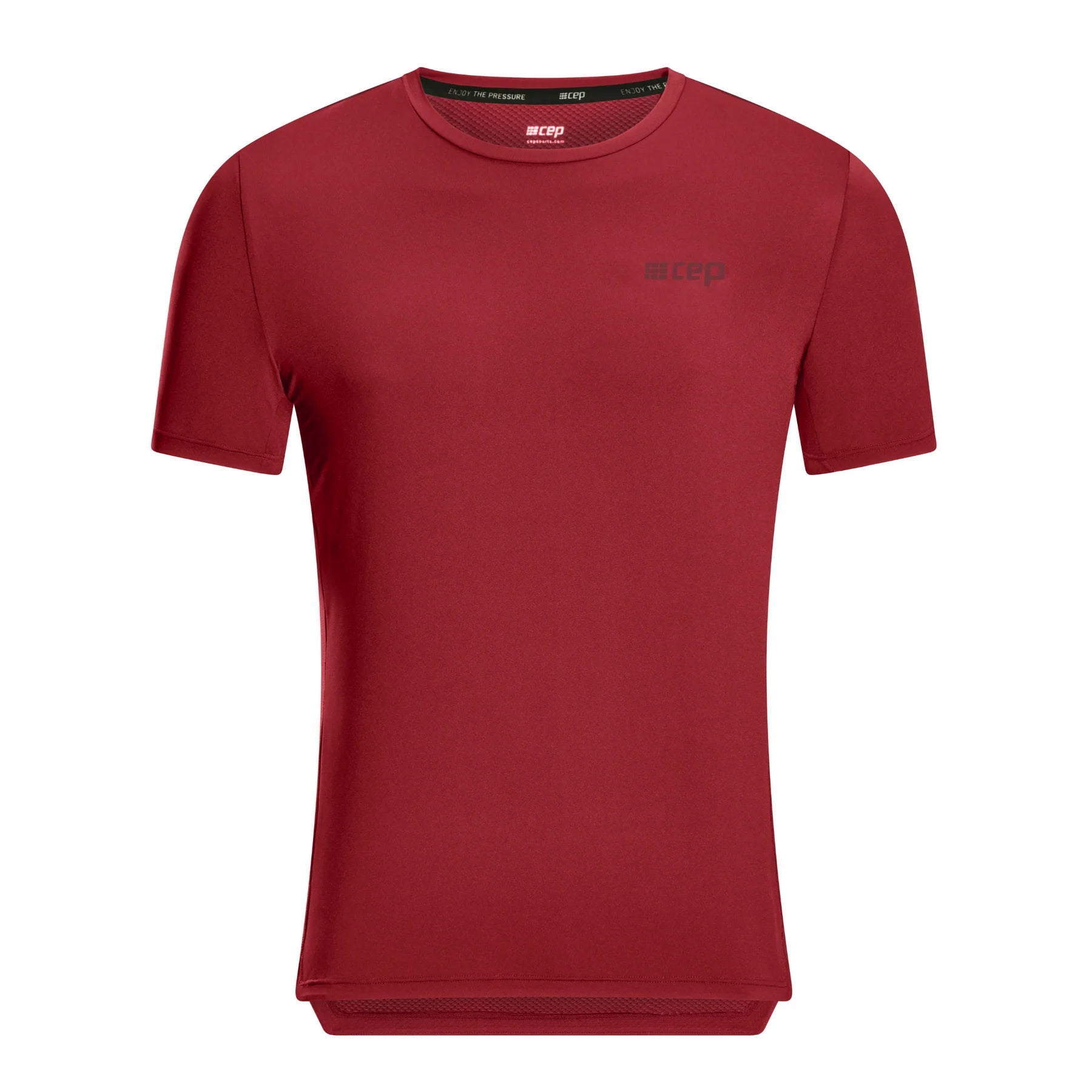CEP Men's The Run Shirt Round Neck Short Sleeve V5 - Moisture Wicking Athletic Performance Top for Running & Gym Workouts - Dark Red
