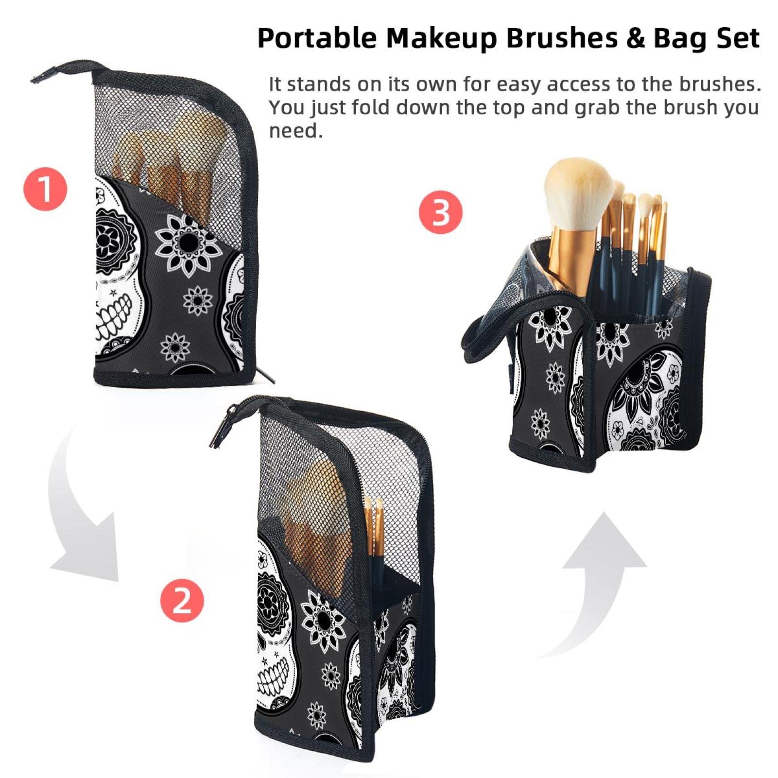 Premium 12-Piece Makeup Brush Organizer Bag with Skull Gray Floral Design - Portable Travel Makeup Brush Holder Case for Professional Artists & Home Use