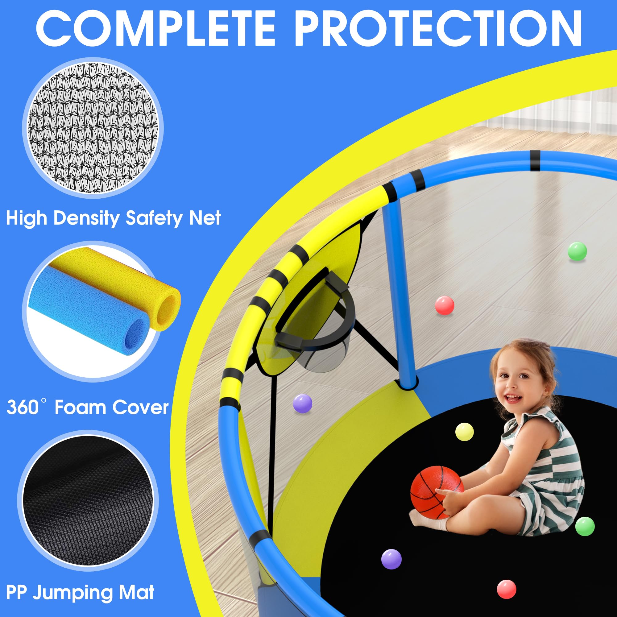 SKYUP 4.5/5/5.5FT Kids Trampoline with Safety Net - 400LB Capacity Toddler Trampoline Set with Swing, Adjustable Gymnastics Bars & Basketball Hoop - Indoor/Outdoor Mini Trampoline for Boys & Girls Ages 1-8 | Perfect Birthday Gift & Backyard Play Equipment