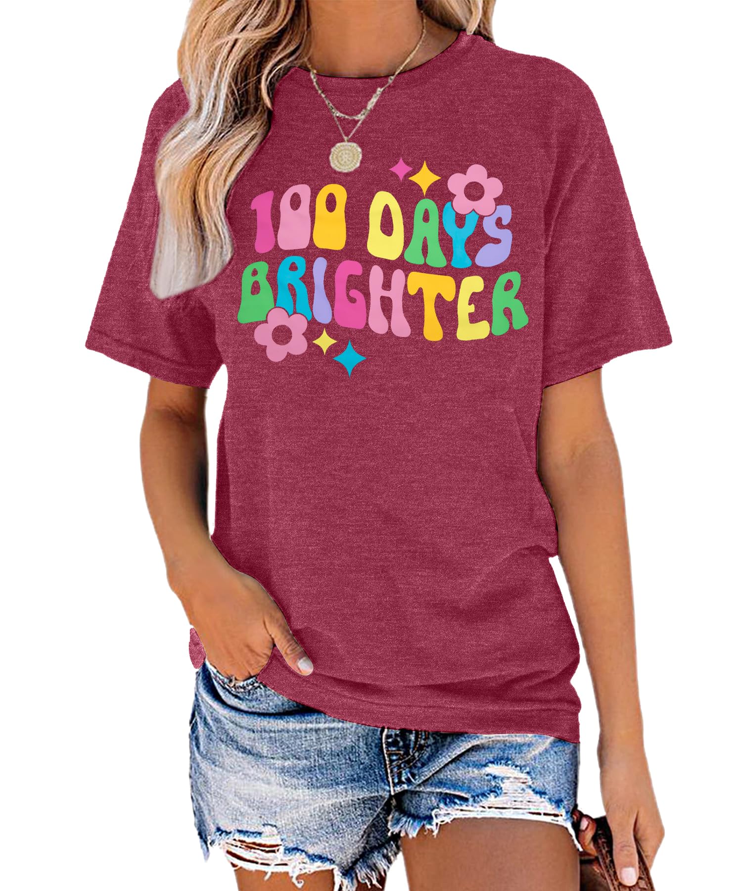 100 Days Brighter Teacher T-Shirt - Women's Kindergarten & Preschool Short Sleeve Tee for 100th Day of School Celebration - Perfect for Classroom Parties & Teacher Appreciation Gifts