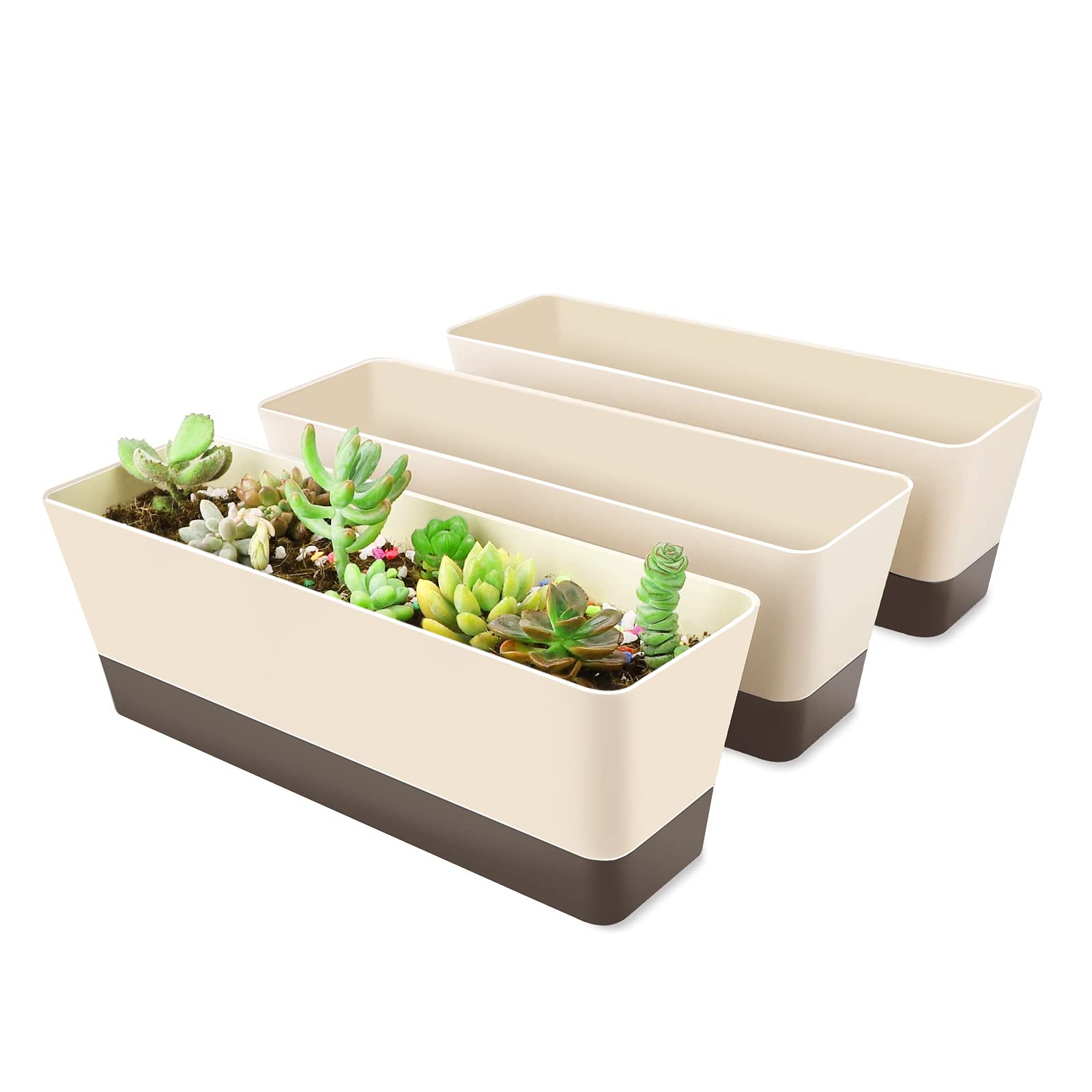 SUREAM 3 Pack Indoor Window Box Planter - 12x3.8 Inch Rectangle Herb Planter with Drainage Tray, Modern Small Plastic Flower Pot for Succulents, Cactus, Herbs - Perfect for Window Sill, Garden Balcony, Office Shelf & Home Decor