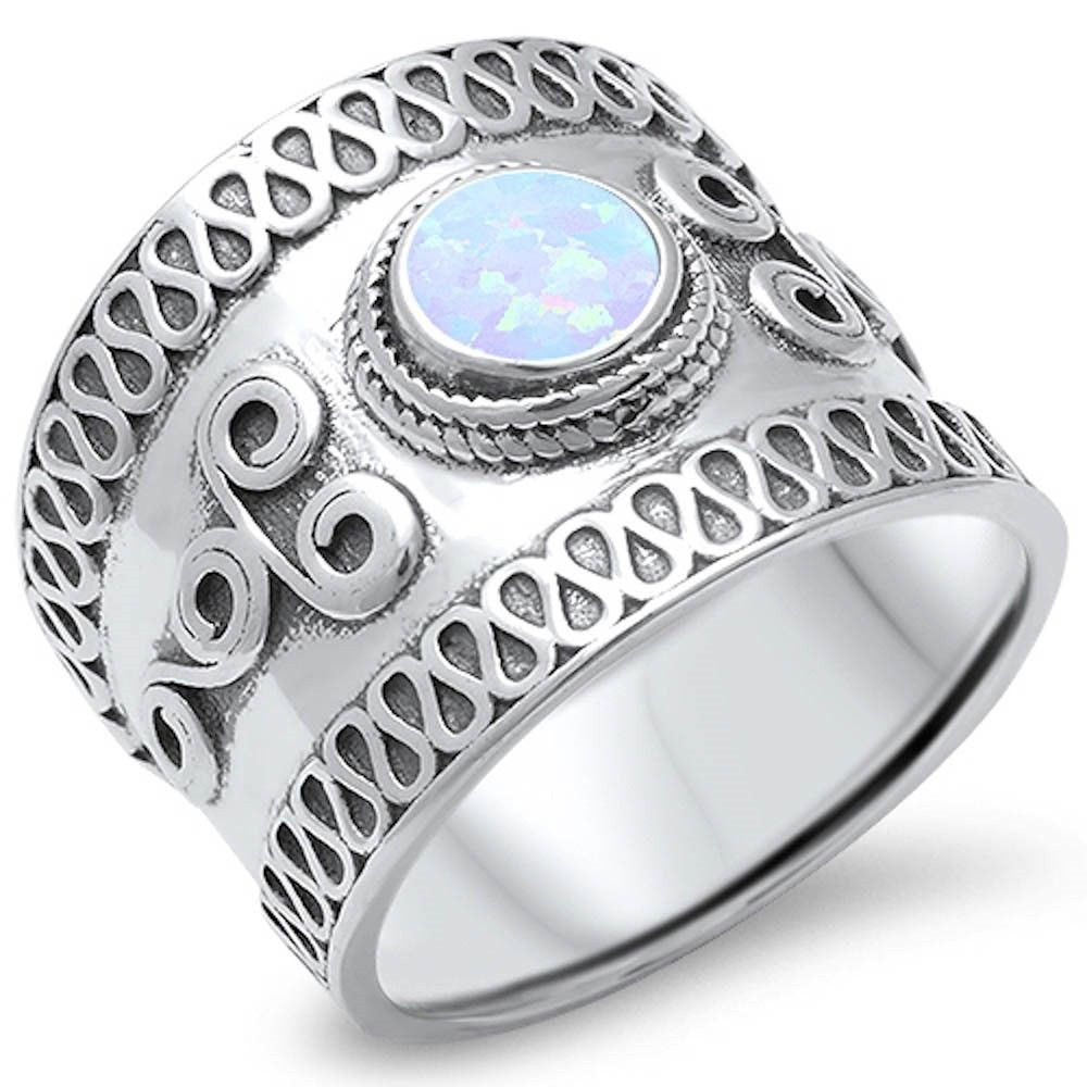 17mm Wide Bali Ring Band - Solid 925 Sterling Silver Twisted Rope Round Lab White Opal Oxidized Antique Finish - Simple Elegant Jewelry for Women - Perfect for Weddings, Anniversaries and Boho Fashion