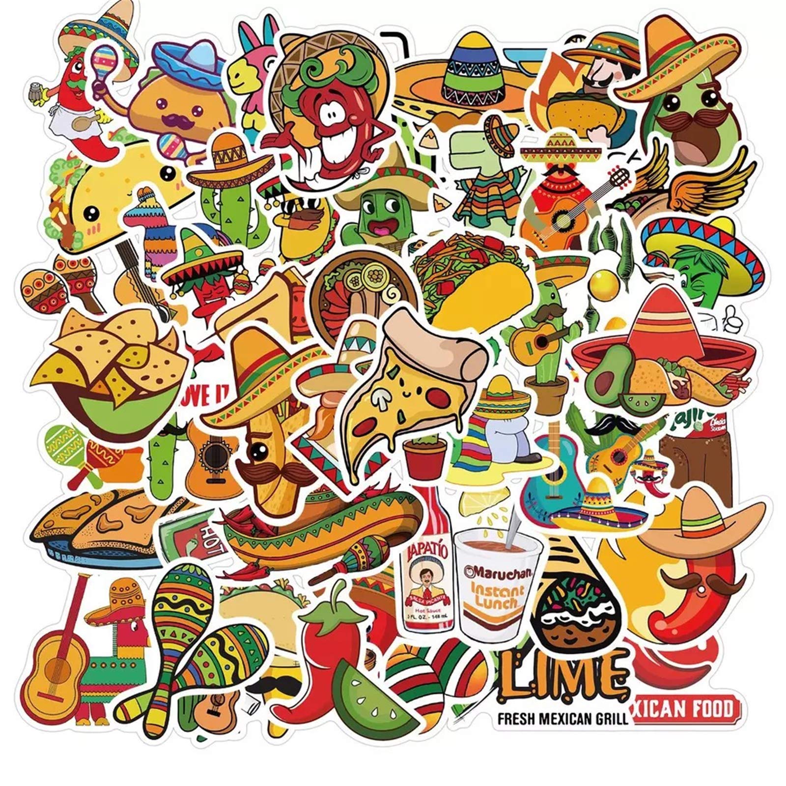 50pcs Mexican Food Stickers - Waterproof Vinyl Taco Stickers for Boys & Teens - Perfect for Laptops, Water Bottles & School Supplies