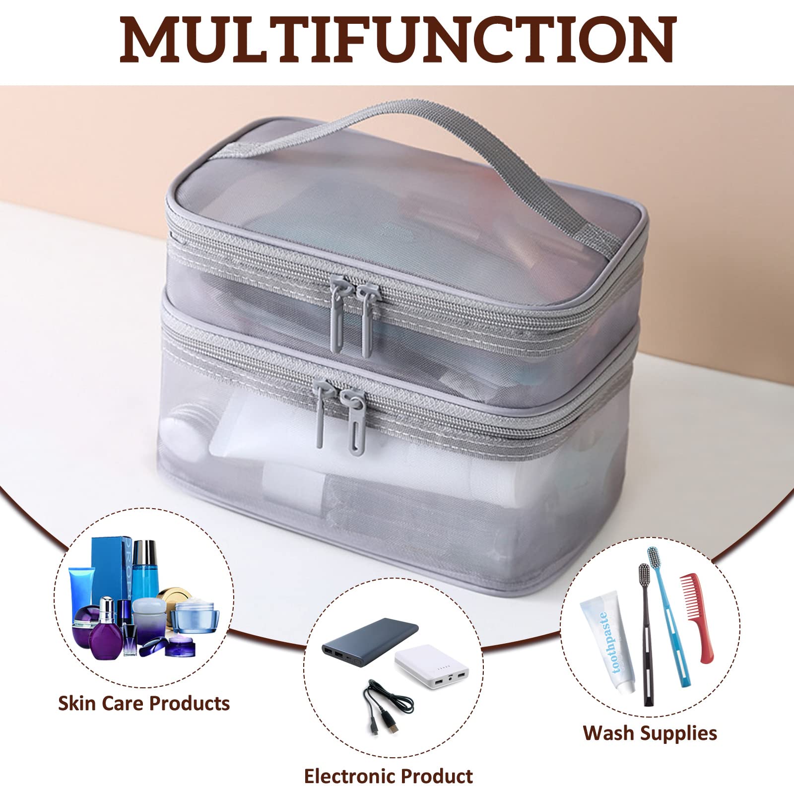 Double Layer Makeup Bag with Large Mesh & Dual Zippers - Waterproof Travel Cosmetic Organizer Pouch for Makeup Brushes, Toiletries & Accessories (Gray) | Perfect for Travel, Gym & Daily Beauty Storage
