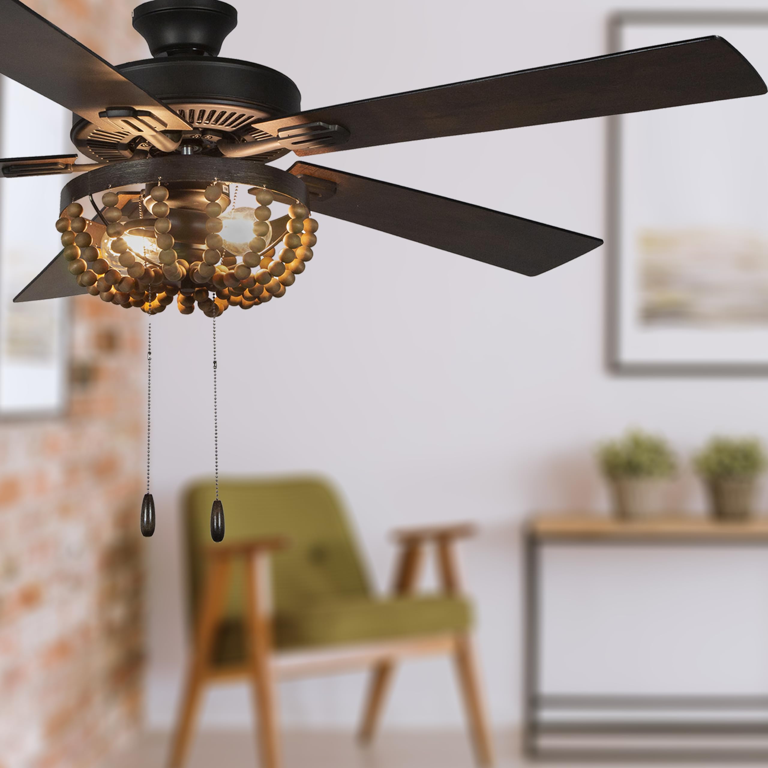 52 Inch Coastal Wooden Bead LED Ceiling Fan with Remote Control - Rustic Brown Finish for Bedroom, Living Room & Porch Cooling & Decor