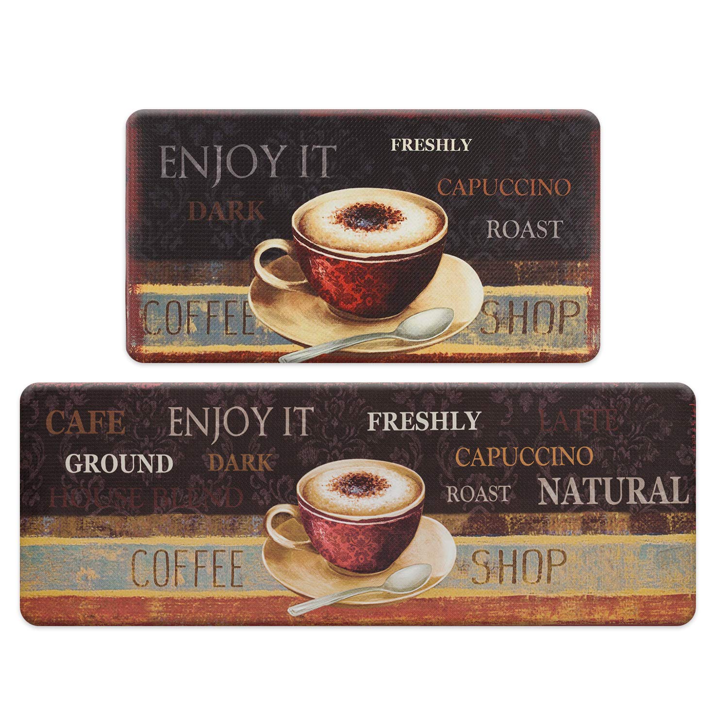ROSMARUS 2-Piece Coffee Kitchen Rug Set - Cushioned Anti-Fatigue, Waterproof, Easy to Clean Floor Mats for Comfortable Standing - Perfect for Kitchens, Coffee Shops, and Home Bars