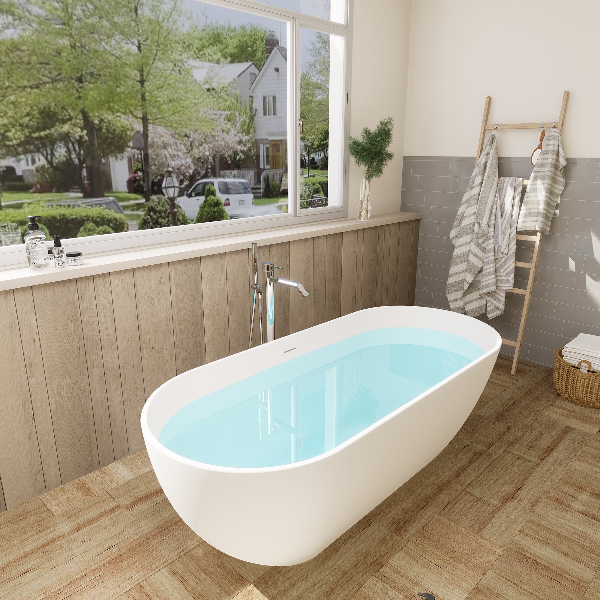 Ryder Matte White Solid Surface Soaking Bathtub with Integrated Overflow & Drain - Freestanding Deep Soak Tub for Spa-Like Relaxation in Bathroom or Master Suite