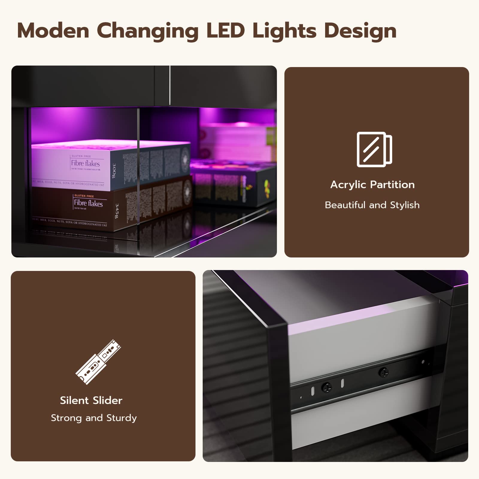 Modern Black Coffee Table with LED Lights & Storage Drawers - Living Room Centerpiece