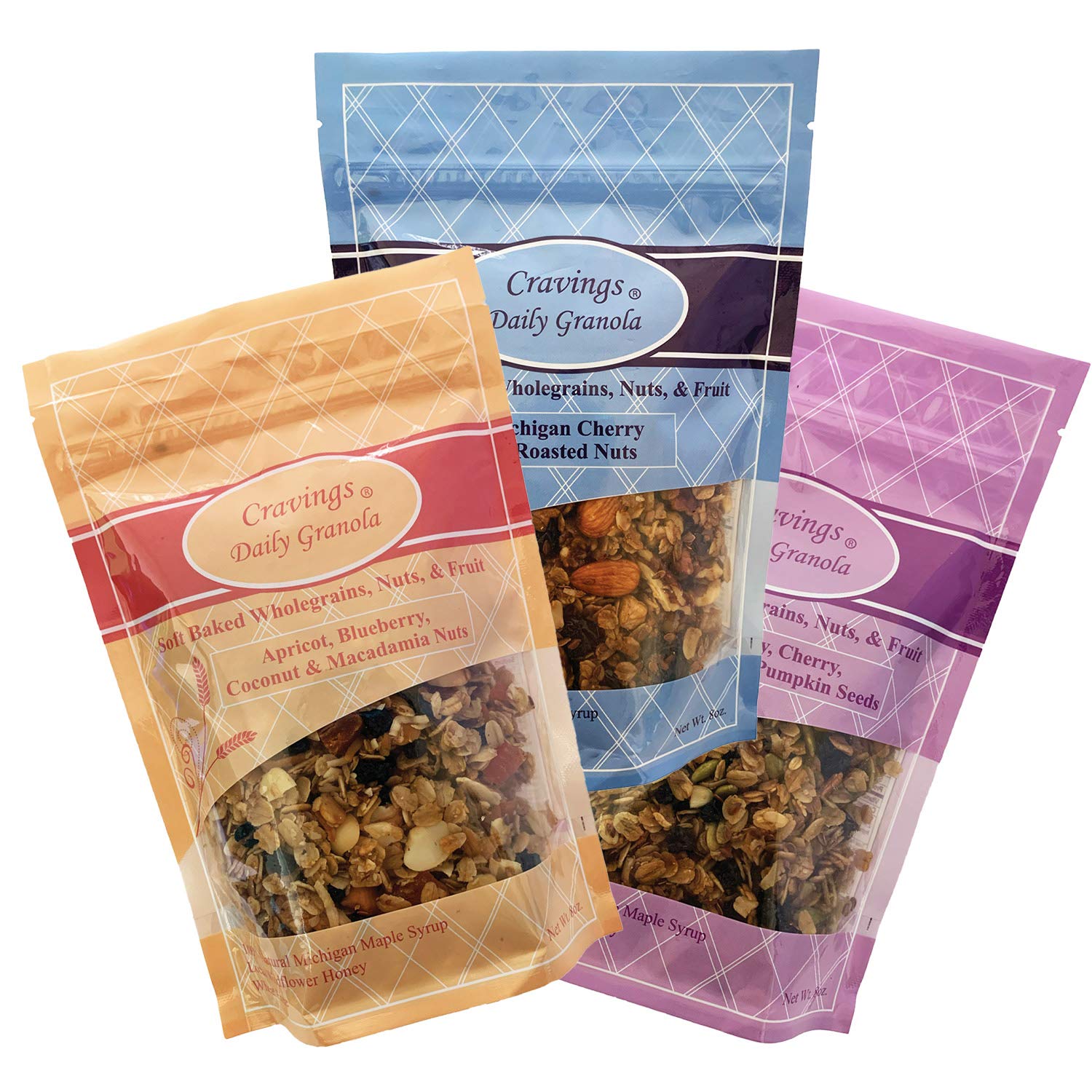 **Cravings Daily Granola Variety Pack - 3 Flavors: Michigan Cherry & Roasted Nuts, Apricot Blueberry Coconut Macadamia, Blueberry Cherry Cranberry Pumpkin Seed - Healthy Breakfast & Snack for Home, Office & Travel**