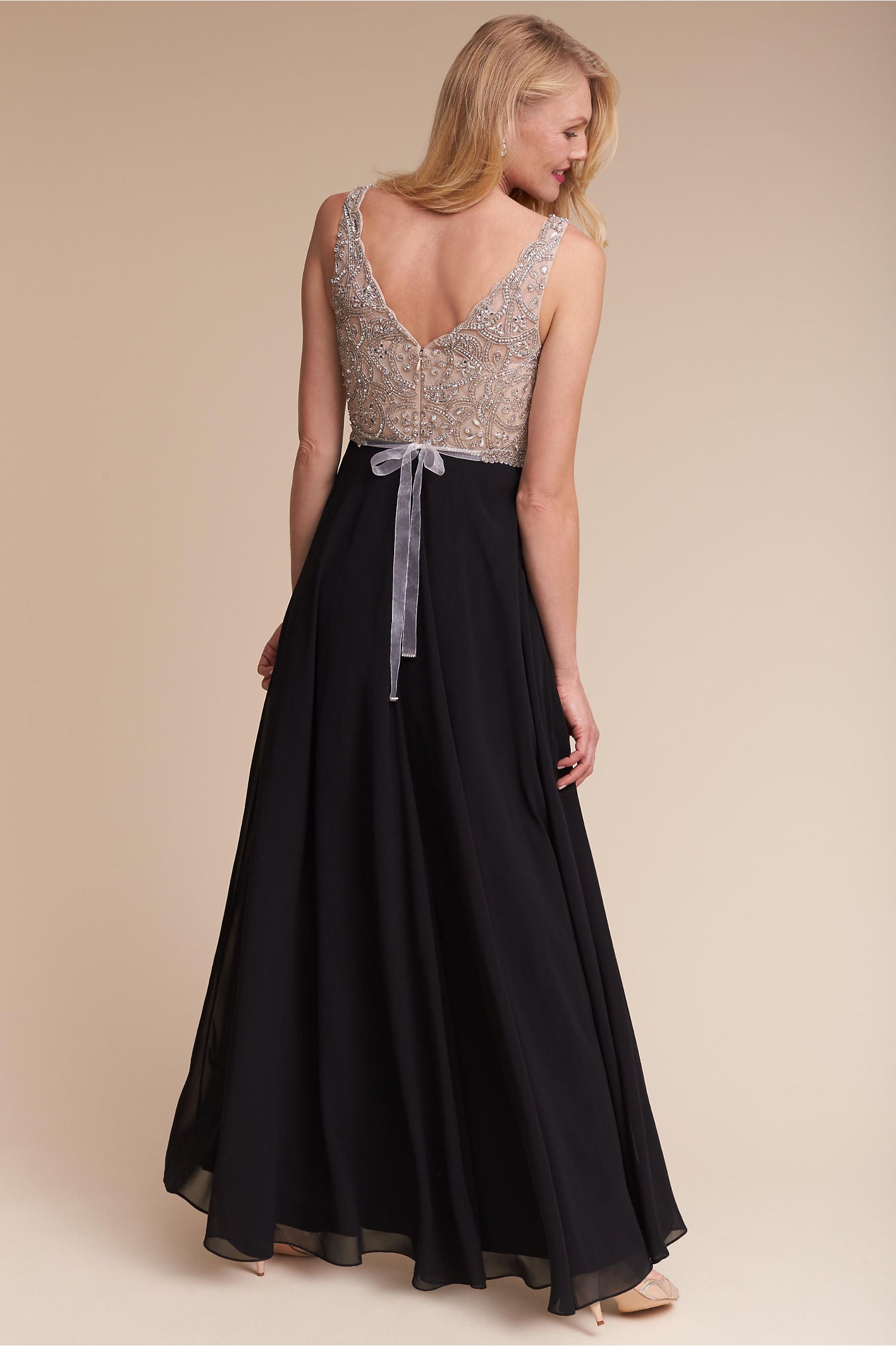 BHLDN Aidan Mattox Regina Gown - Elegant Champagne & Black Evening Dress for Weddings & Formal Events