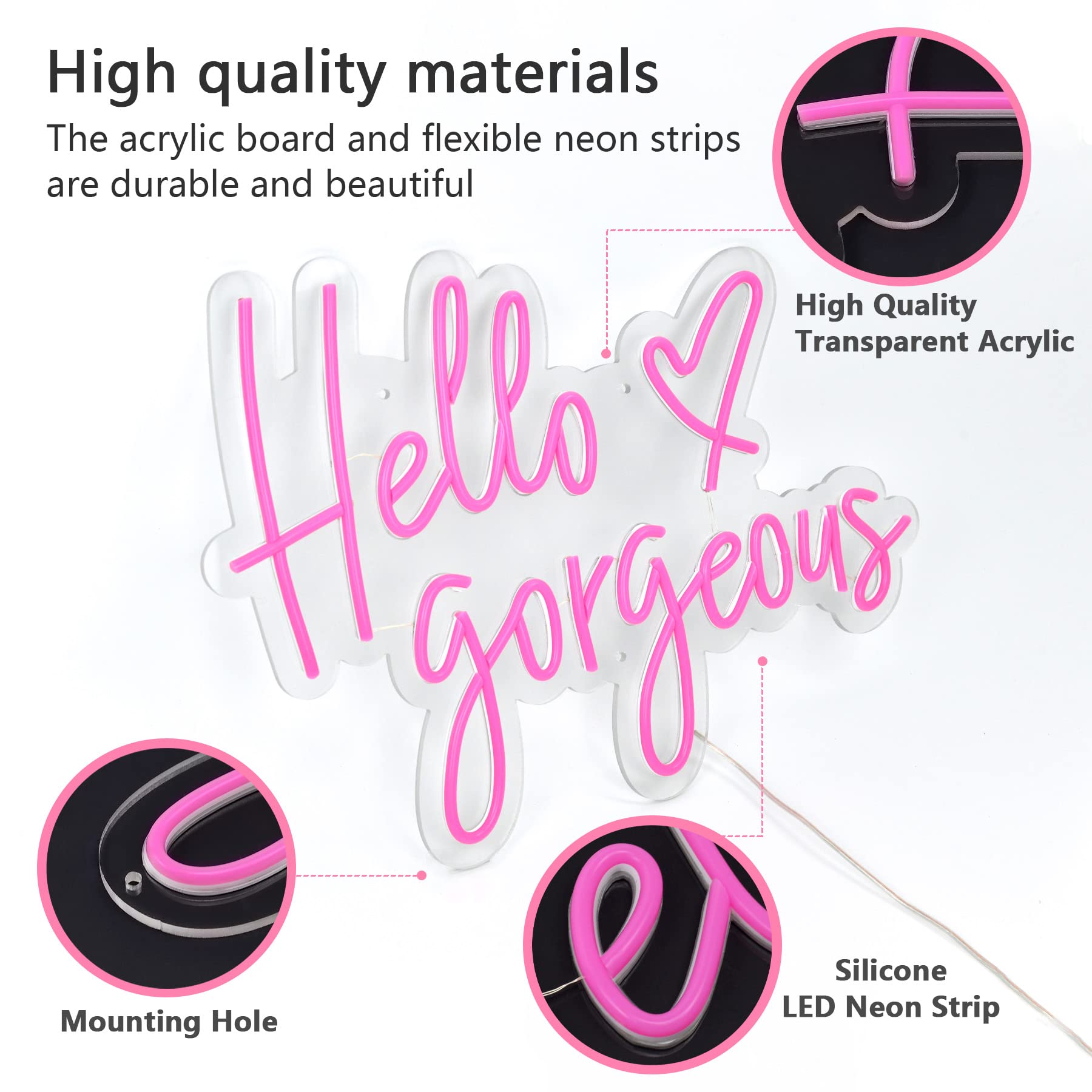 Large 28-inch Hello Gorgeous LED Neon Sign - Custom Wall Art Decor for Home, Bedroom, Wedding, Bar & Cafe | Perfect for Parties, Romantic Gifts & Business Lighting