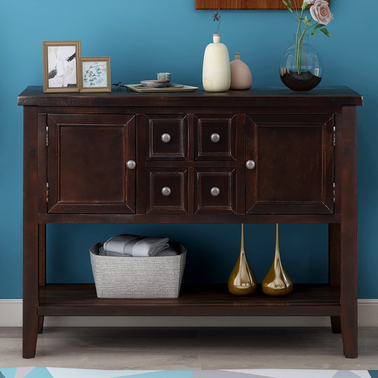 P PURLOVE Farmhouse Style Console Table with Drawer - Rustic Sideboard Buffet Cabinet with Storage for Living Room, Kitchen, Dining Room & Entryway - Perfect for Home Decor & Organization