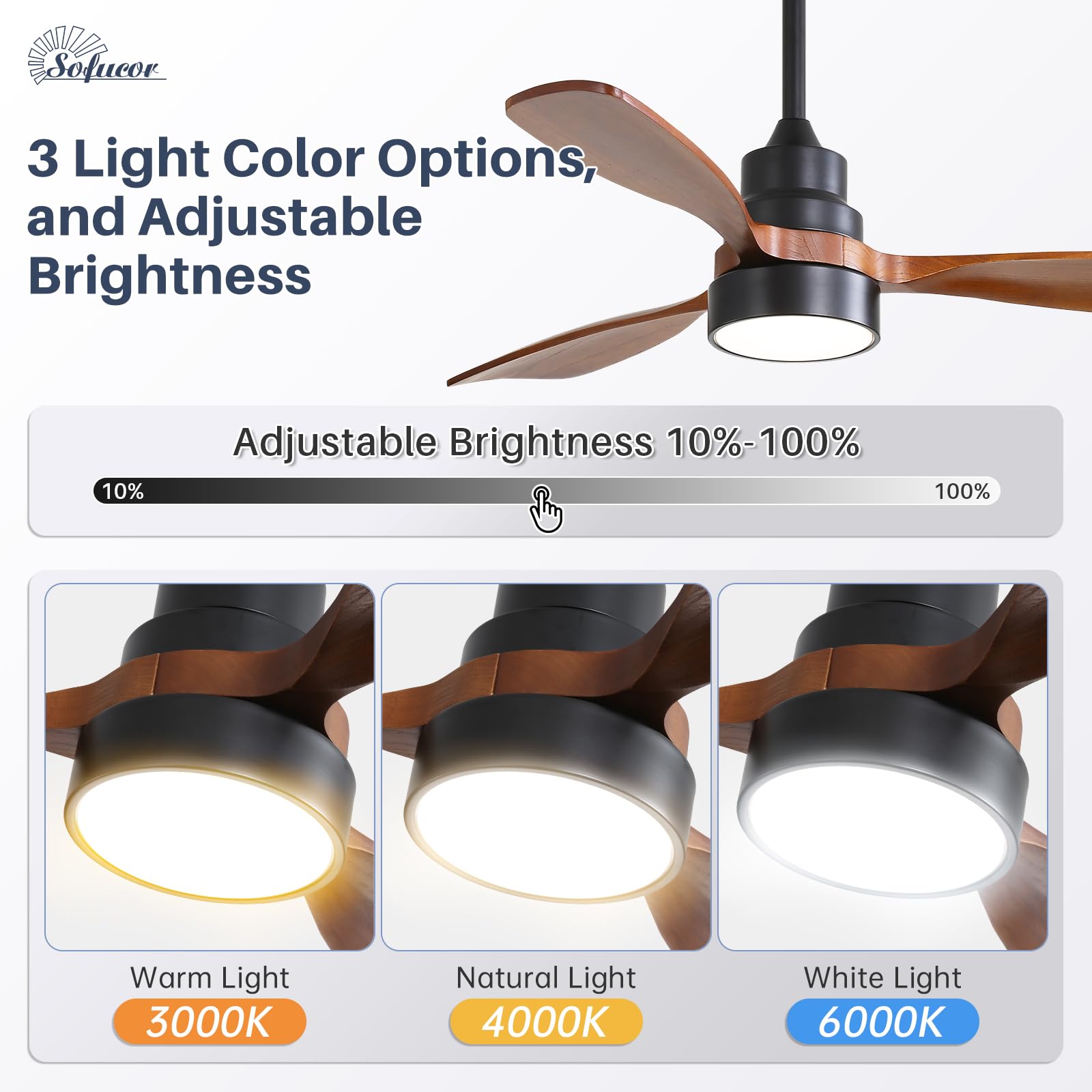 48 Inch Smart Ceiling Fan with Lights - Remote & APP Control, Alexa/Google Home Compatible - 3 Blade Brown Black Solid Wood Low Profile Fan for Indoor/Outdoor Use - Perfect for Bedroom, Living Room, Farmhouse, Patio and More