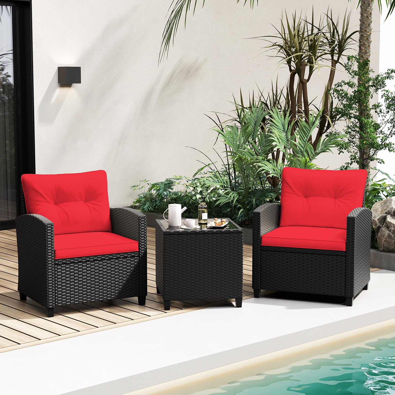Tangkula 3-Piece Outdoor Patio Furniture Set - Rattan Wicker Sofa Set with Soft Cushions & Glass Coffee Table - Durable Conversation Set for Backyard, Porch, Poolside, Garden (Red) - Perfect for Relaxing, Entertaining & Outdoor Gatherings
