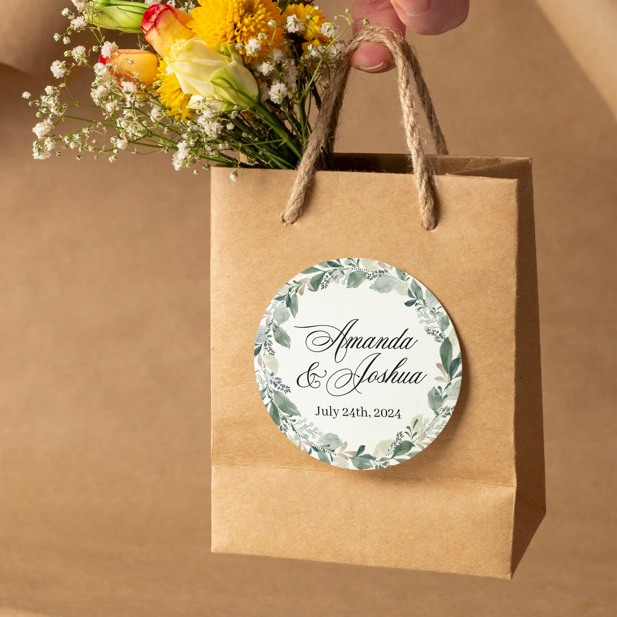 Personalized Greenery Birthday Wedding Favor Labels - Custom Name Stickers with Green Wreath for Party Favors, Gift Bags, Bottles, Candy Bags, Boxes & Cones - Perfect for Baby Showers, Bridal Showers, Weddings & Special Events