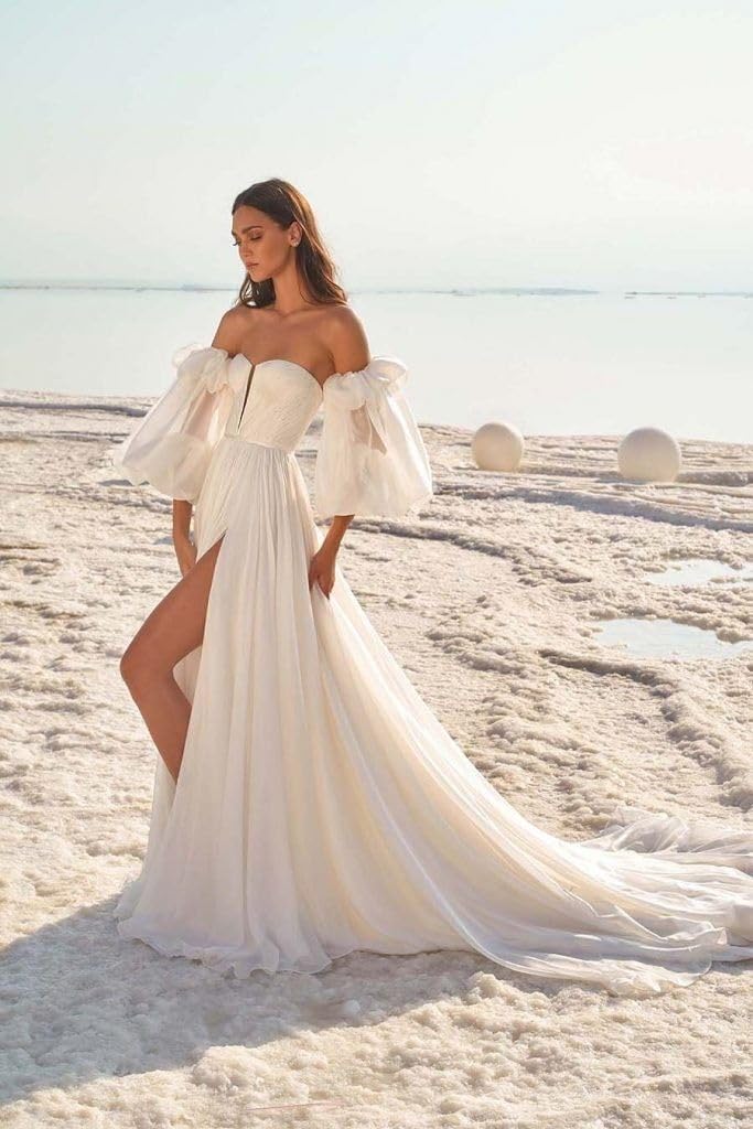 Elegant Off Shoulder Wedding Dresses with Puffy Sleeves & Train - Romantic Bridal Gowns for Women - Perfect for Beach, Church & Outdoor Ceremonies