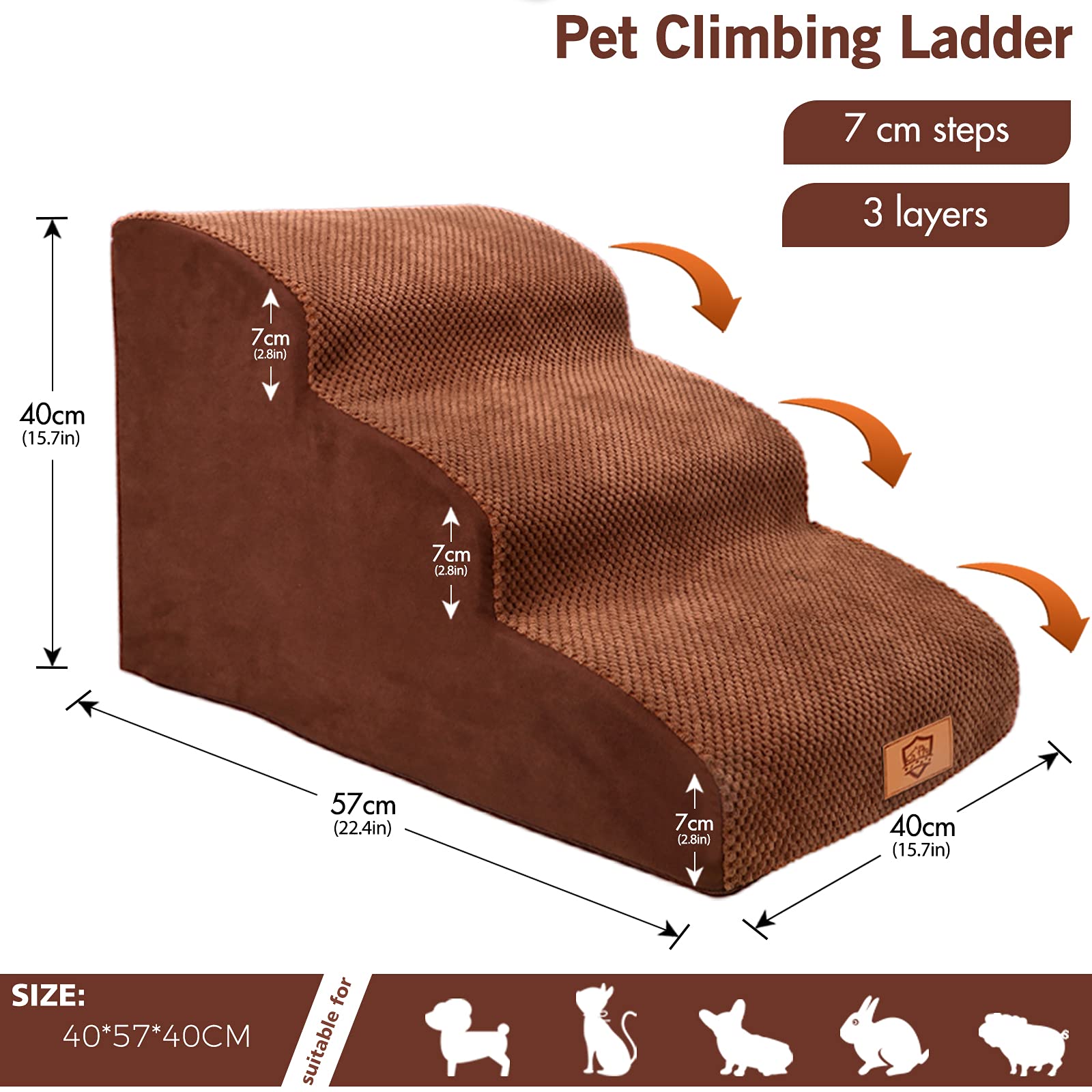 Premium 3-Tier High Density Foam Pet Steps - Non-Slip Dog & Cat Stairs for Beds & Couches, 15.7