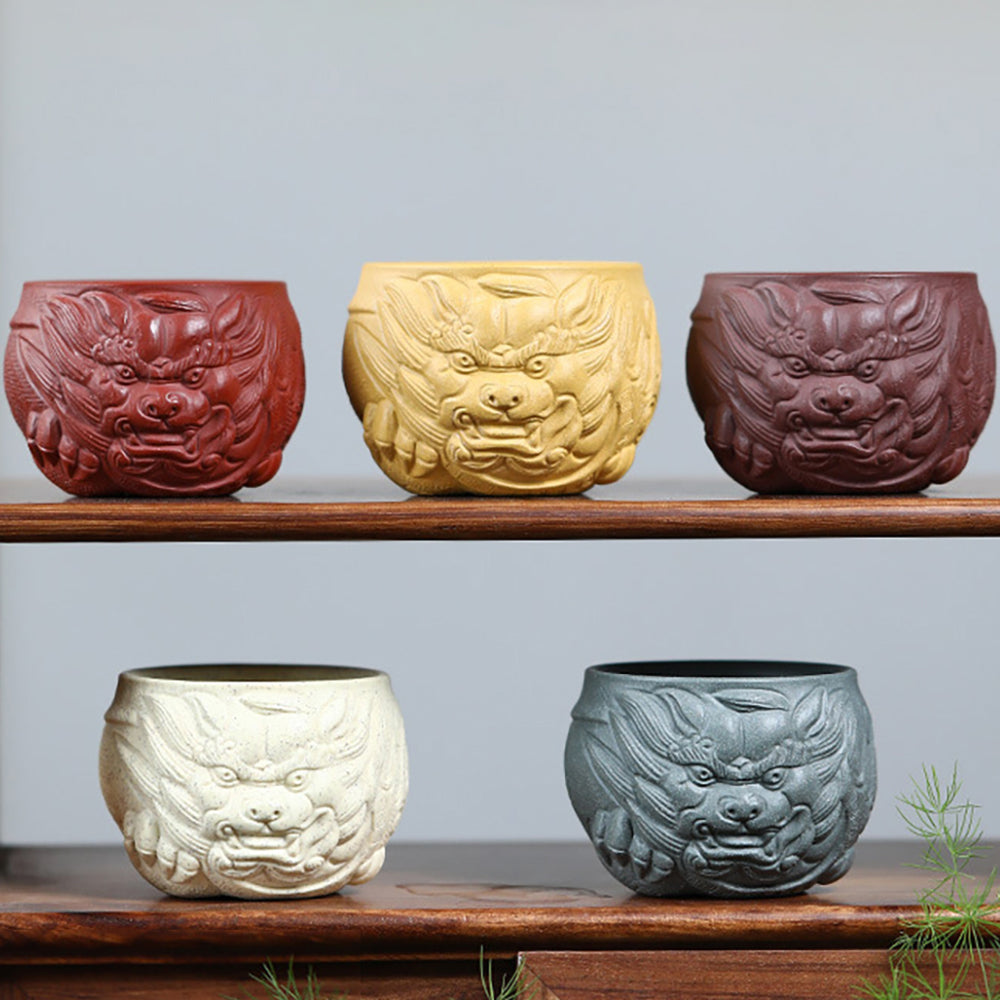 Premium Handcrafted Purple Clay Dragon Head Kung Fu Tea Cup Set - 5 Colors (Set of 5) - Perfect for Chinese Tea Ceremony, Gongfu Tea, and Home Decoration