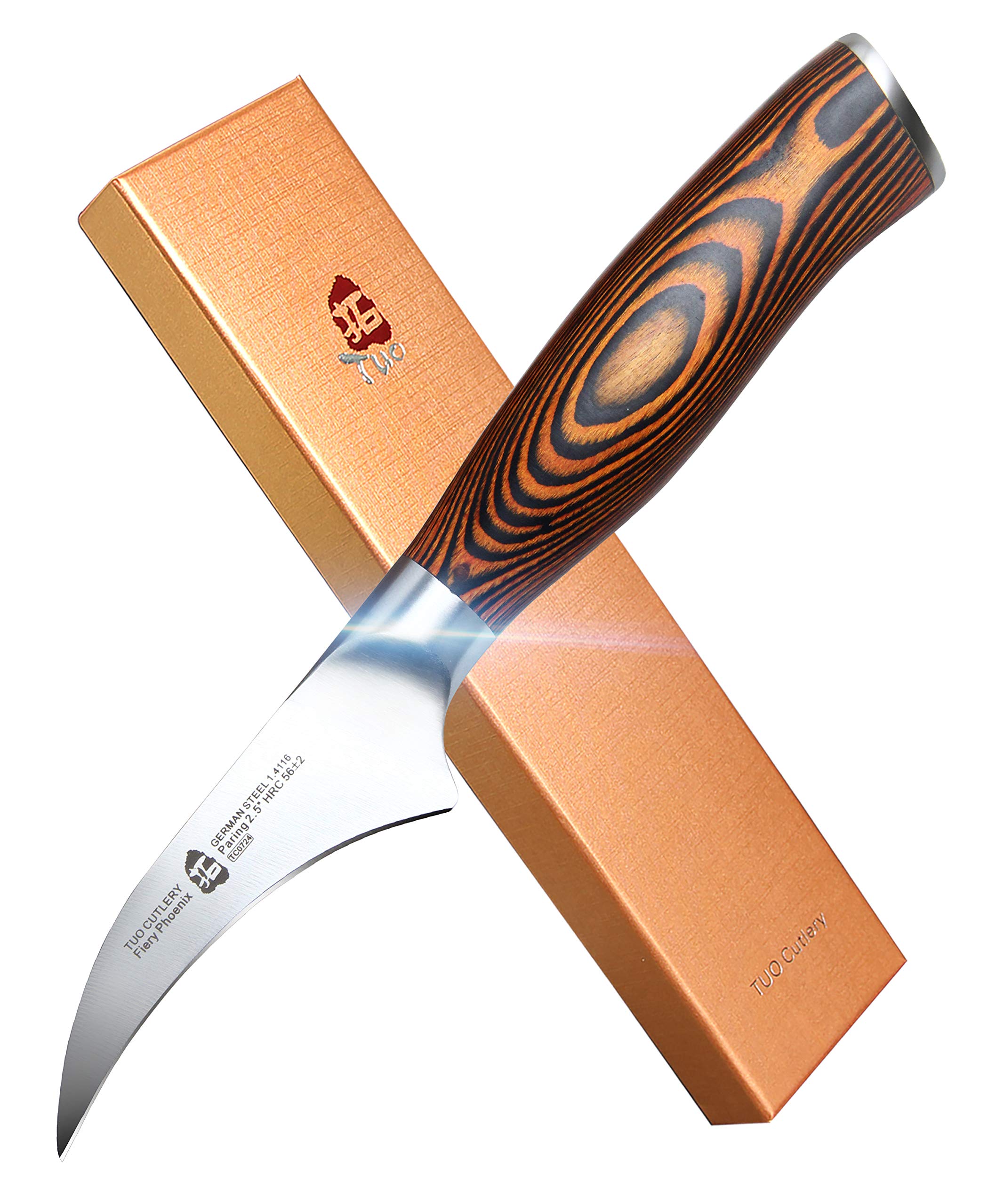 TUO Bird-Beak Paring Knife - 2.5 Inch Razor Sharp Stainless Steel Peeling Knife with Ergonomic Pakkawood Handle - German X50CrMoV15 Steel, Full Tang, Rust Resistant - Perfect for Fruit Peeling, Vegetable Trimming & Kitchen Prep
