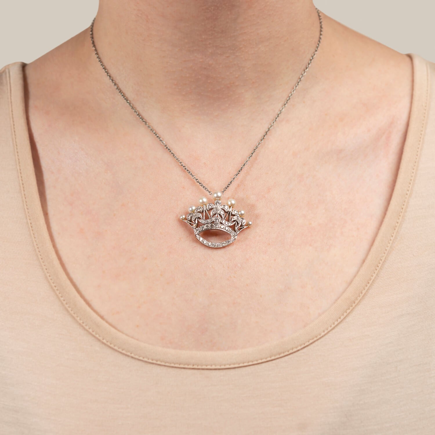 14K Gold & Platinum Diamond Pearl Princess Crown Pendant Necklace - Vintage Royal Jewelry for Women, Perfect for Weddings, Prom & Special Occasions