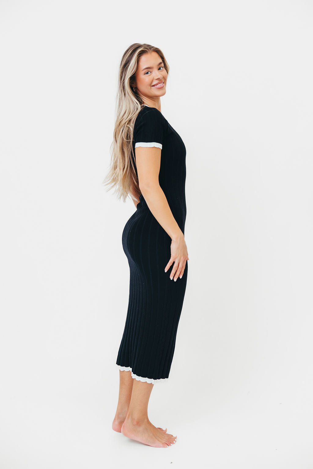 Landon Short Sleeve Sweater Rib Knit Midi Dress for Women - Black & White Striped Casual Dress for Fall & Winter | Perfect for Office, Date Night & Holiday Parties