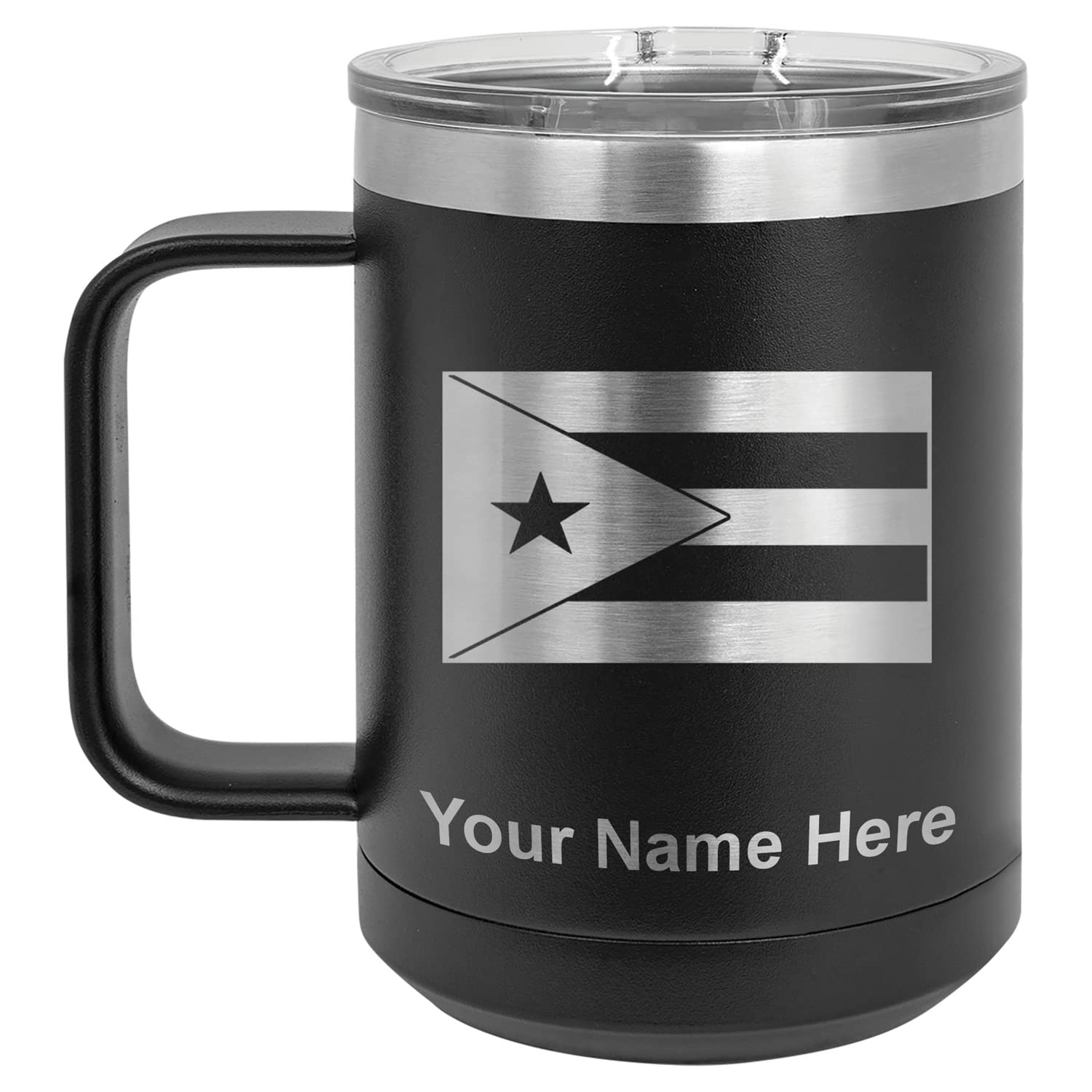 LaserGram 15oz Vacuum Insulated Stainless Steel Coffee Mug with Puerto Rico Flag Design - Personalized Engraving, Black - Perfect for Travel, Office & Outdoor Use