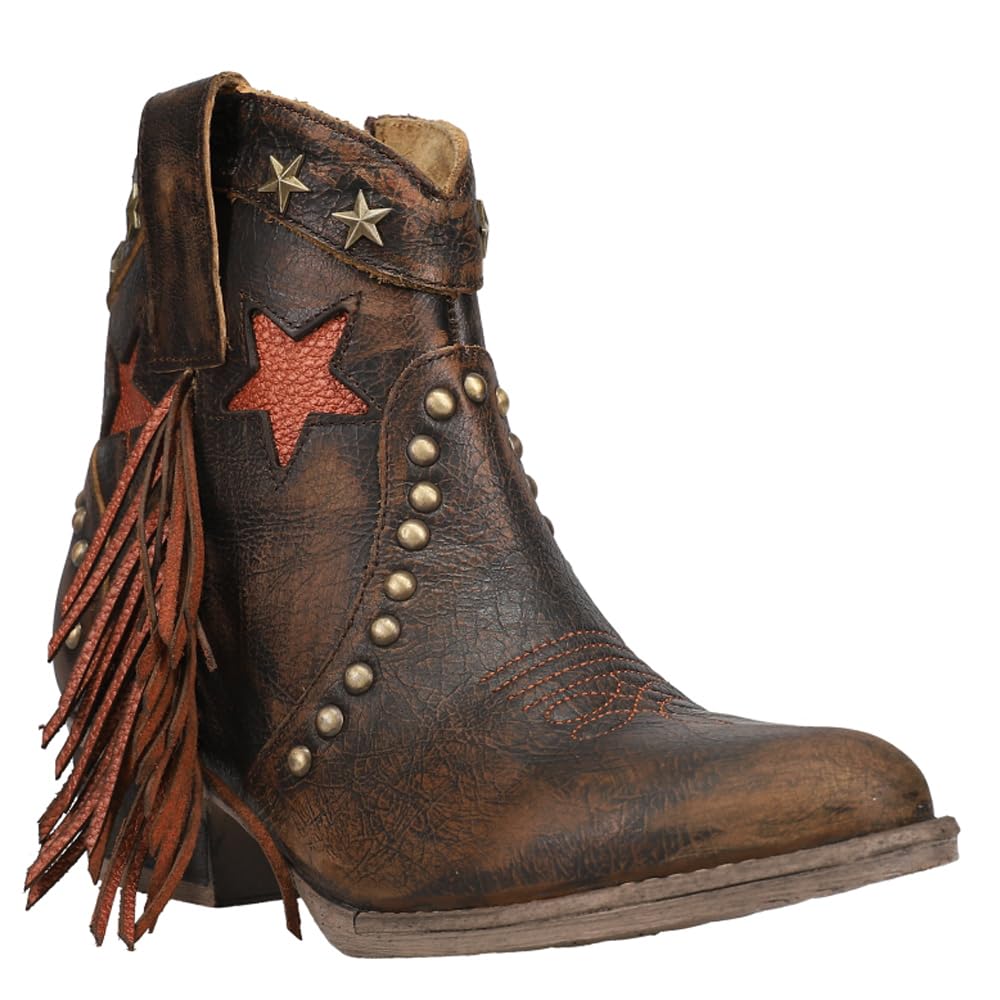 Circle G Women's Distressed Brown Fringe & Studs & Laser Ankle Boots - Round Toe, Rubber Sole, Urban Style Q0181 - Perfect for Casual Outings, Music Festivals & Boho Fashion