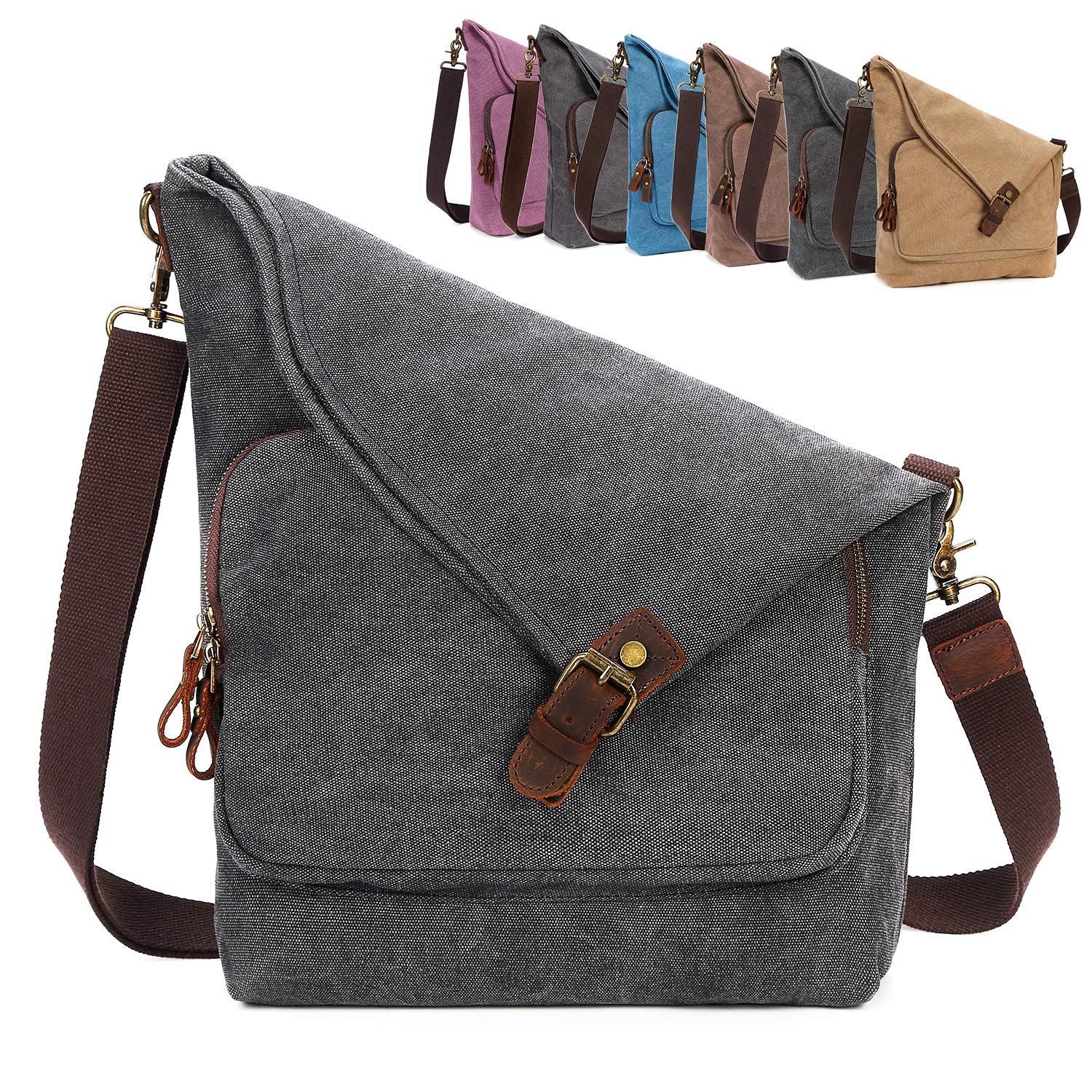 AmHoo Women's Genuine Leather Crossbody Bag - Fashionable Canvas Messenger Purse with Adjustable Strap, Perfect for Work, Travel & Everyday Use