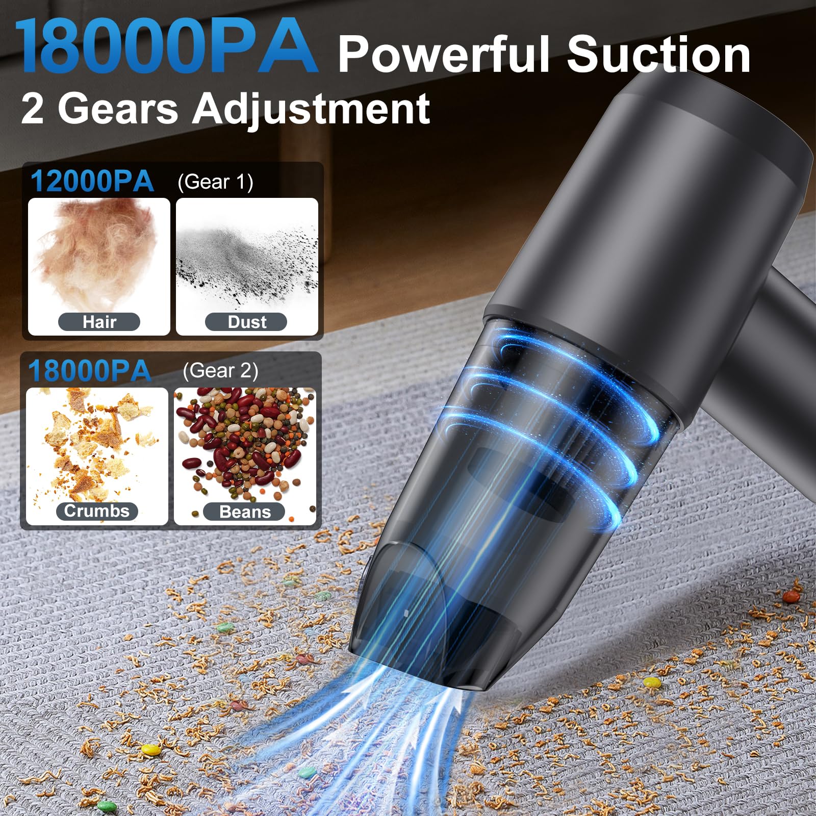 18KPA Cordless Car Vacuum Cleaner - 6-in-1 Air Duster & Safety Tool for Home/Office/Car Use