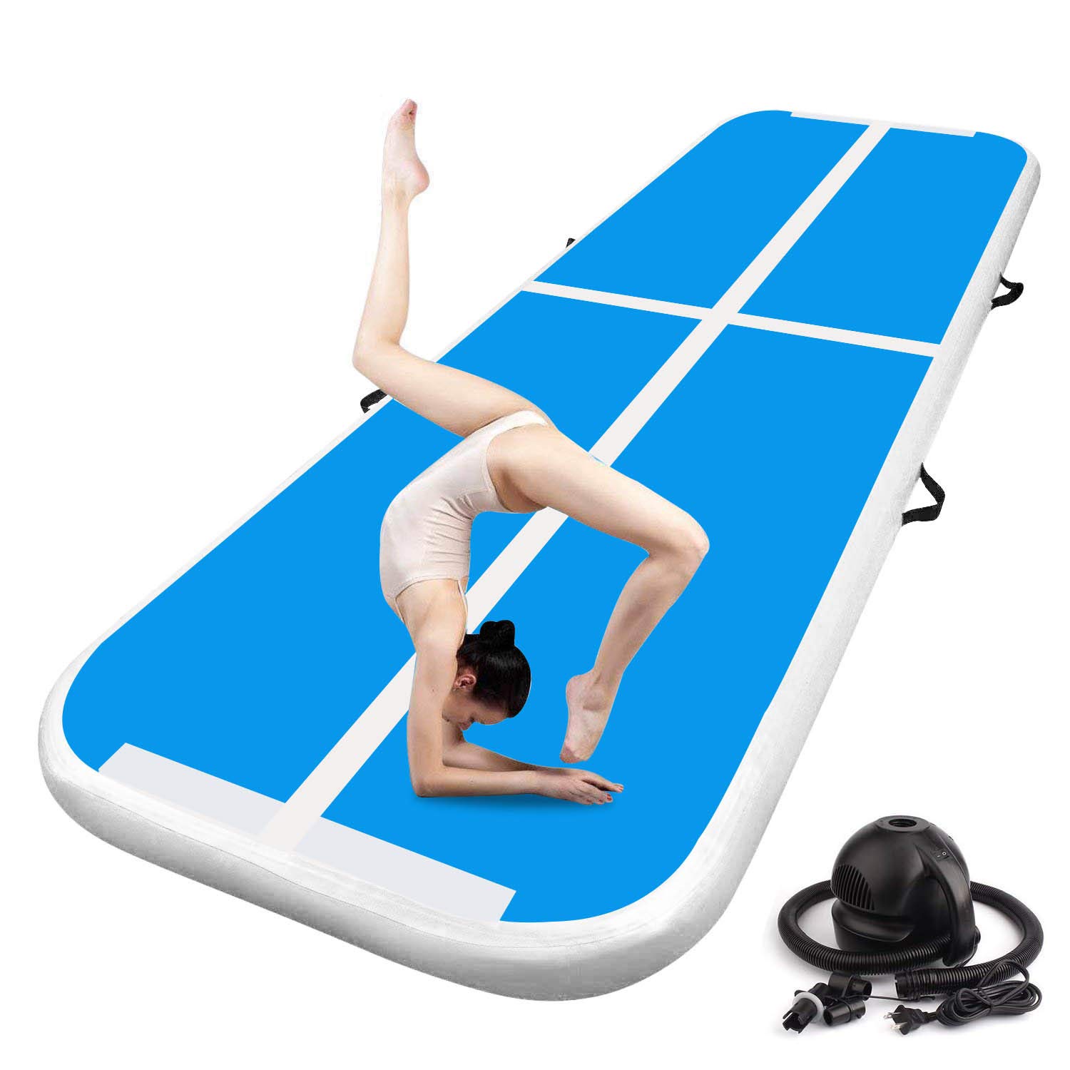 FBSPORT 13ft/16ft/20ft/23ft/26ft Inflatable Air Gymnastics Mat - 4/8 Inches Thick Training Mats for Home Gym, Cheerleading, Yoga & Water Exercises - Includes Air Pump for Easy Setup | Perfect for Kids, Adults & Professional Athletes