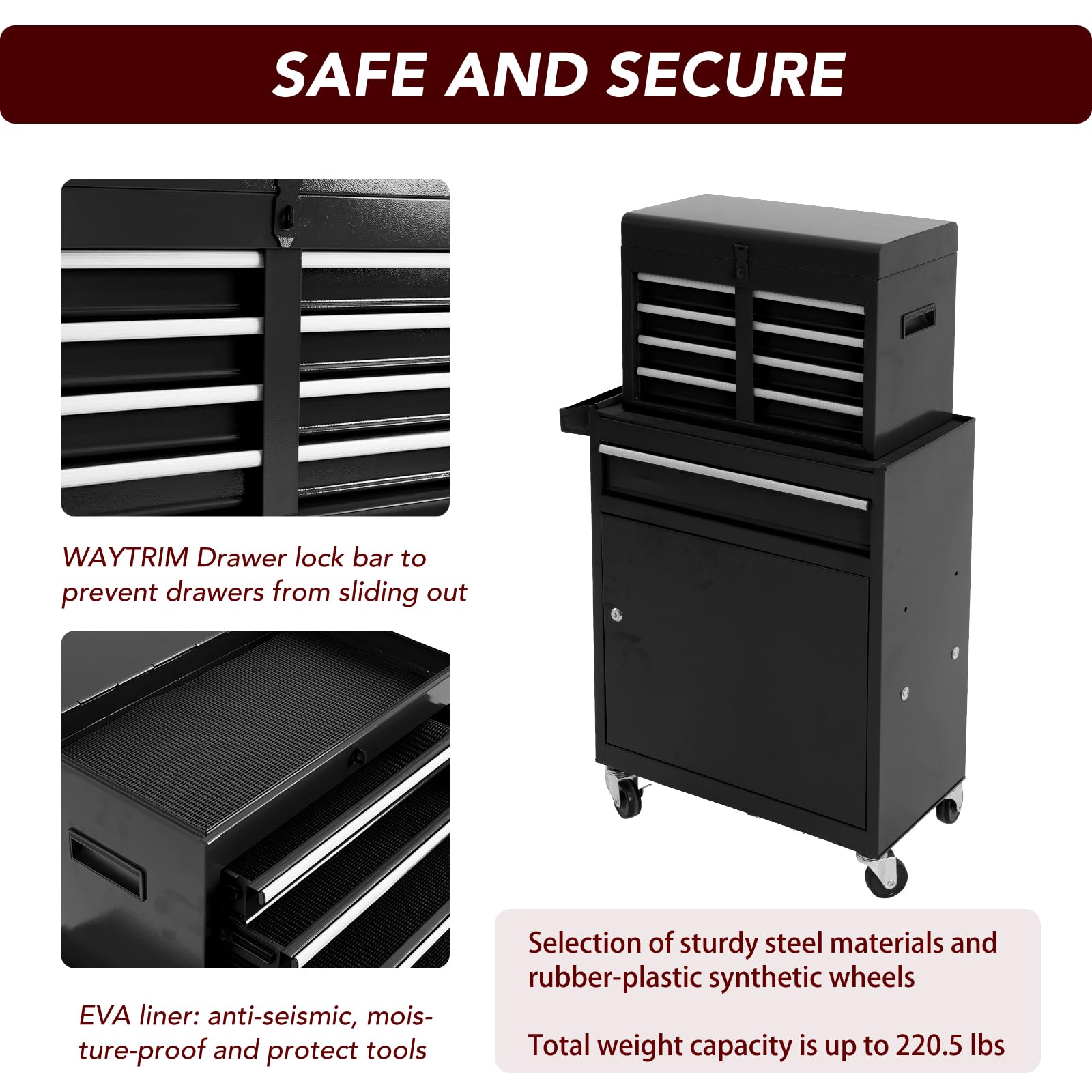 WAYTRIM 5-Drawer Rolling Tool Chest with Wheels & Lock - Heavy Duty Removable Tool Cabinet Storage Box, Adjustable Shelf, Portable Tool Organizer for Garage, Workshop, Warehouse & Auto Repair Shop (Black)