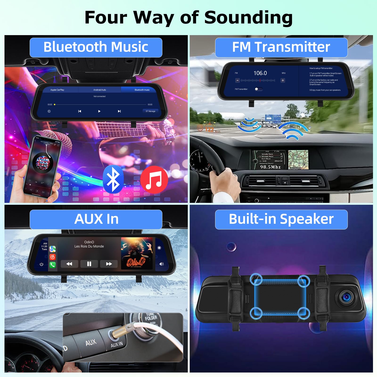 9.66 Inch Wireless Rear View Mirror Camera with Apple CarPlay & Android Auto - 1280x720P Front & 1080P Rear Dual Dash Cam - Night Vision, Voice Control, Backup Camera + 64GB TF Card - Perfect for Cars, Trucks & SUVs