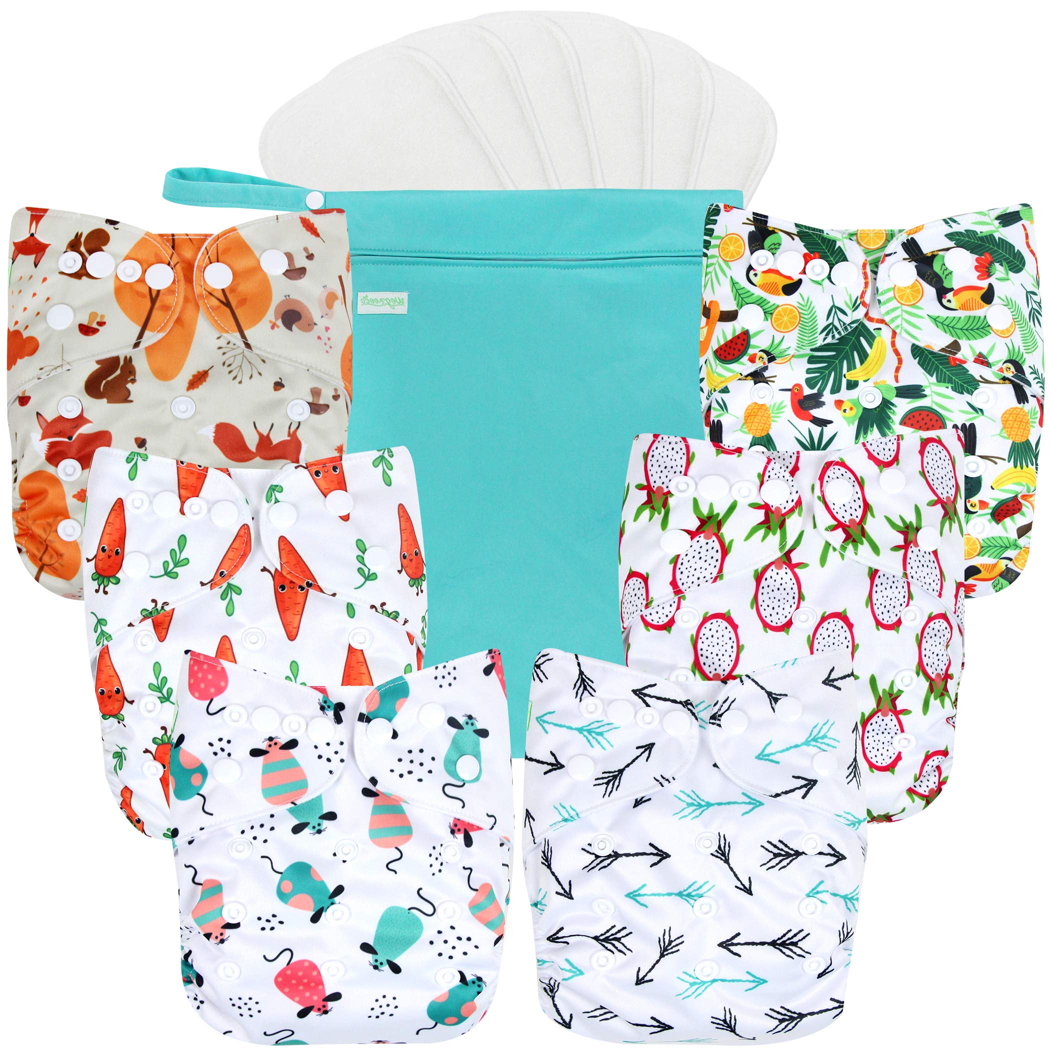 Wegreeco 6 Pack Washable Cloth Diapers with Inserts & Wet Bag - Adjustable Reusable Baby Diapers for Boys & Girls (Fruits & Animals Print) - Perfect for Daycare, Travel & Eco-Friendly Parenting