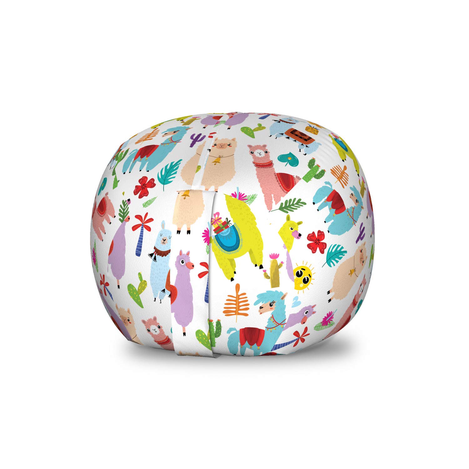 Ambesonne Animal Storage Toy Bag Chair - Washable Stuffed Animal Organizer with Llama Alpaca Cactus Leaves Design, Small Multicolor for Kids Playroom & Nursery Organization