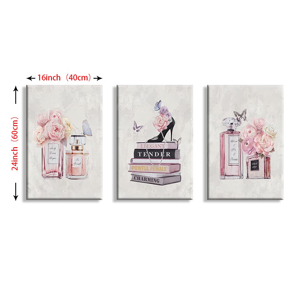WANBOYA 3-Piece Pink Flower Perfume Modern Art Canvas Prints - Fashion Women's Wall Decor with Book & High Heel Design (16