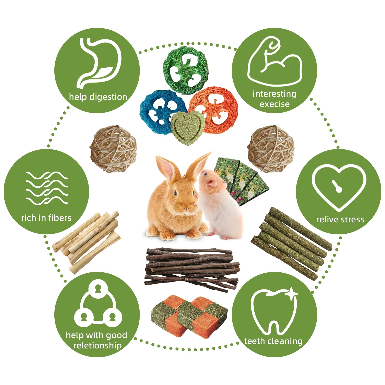 Natural Bunny Chew Toys for Rabbits & Small Pets - Herbal Crisp Chips, Timothy Hay Sticks, Sweet Bamboo & Apple Wood - Safe Hamster Toys for Guinea Pigs, Gerbils & Syrian Pets - Perfect for Indoor Play & Dental Health