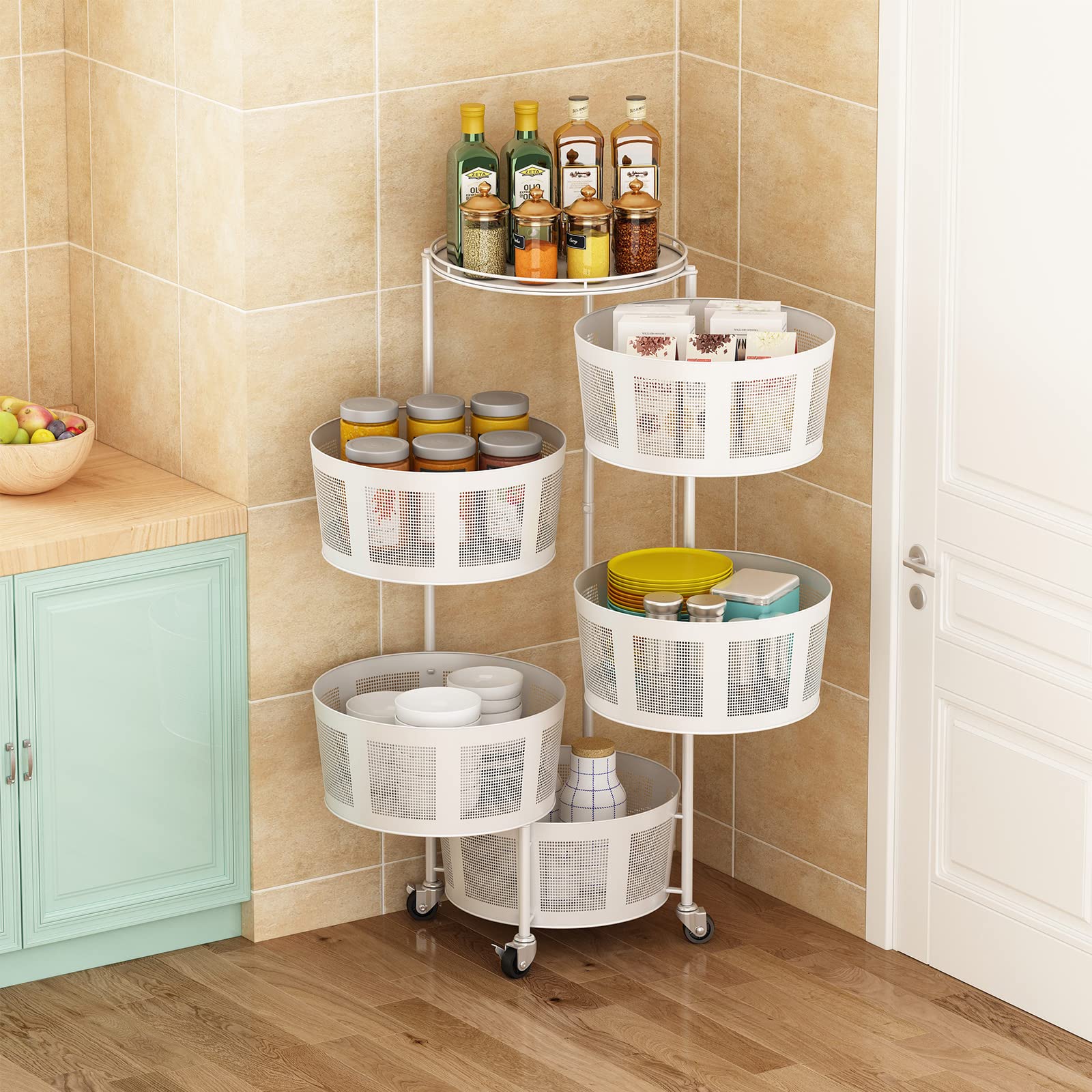 5-Tier Rotating Storage Rack with Metal Shelves - Kitchen Organizer for Fruits, Vegetables & Snacks | Space-Saving Rolling Cart for Pantry, Bathroom & Bedroom Organization | White