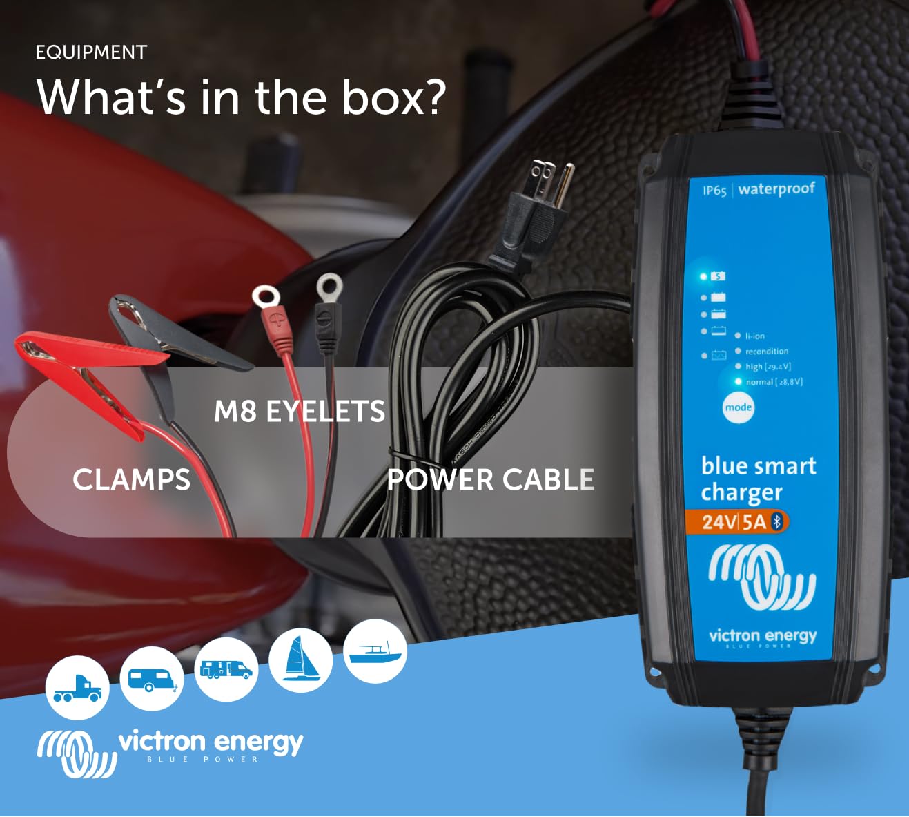 Victron Energy Blue Smart IP65 24V 5A Smart Battery Charger - Waterproof Motorcycle, ATV, RV, Lithium & Deep Cycle Battery Charger with Float, Trickle & Desulfation | Perfect for Marine, Camping & Off-Grid Power Systems