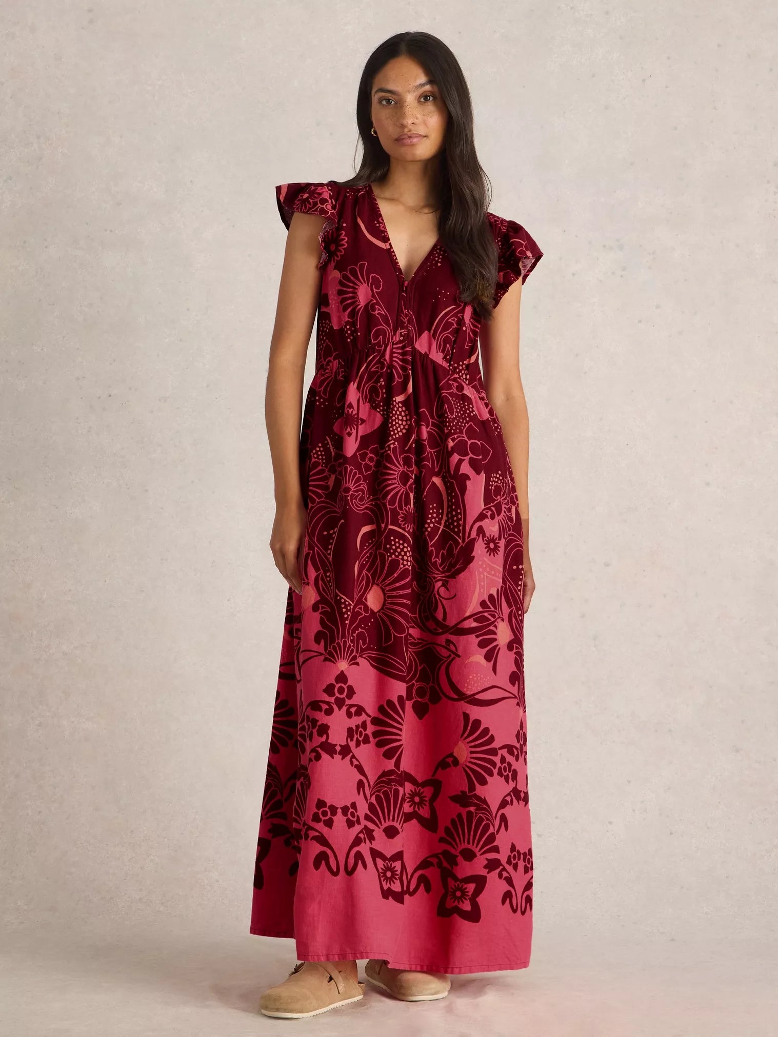 Lorna Merlot Multi Dress for Women - Elegant Floral Print Maxi Dress with Pockets, Perfect for Summer, Beach, Vacation & Casual Outings