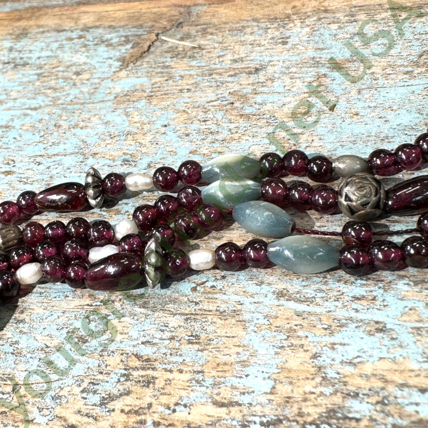 Vintage Garnet Mother of Pearl Beaded Necklace - Handmade Bohemian Jewelry for Women - Perfect for Weddings, Parties & Special Occasions