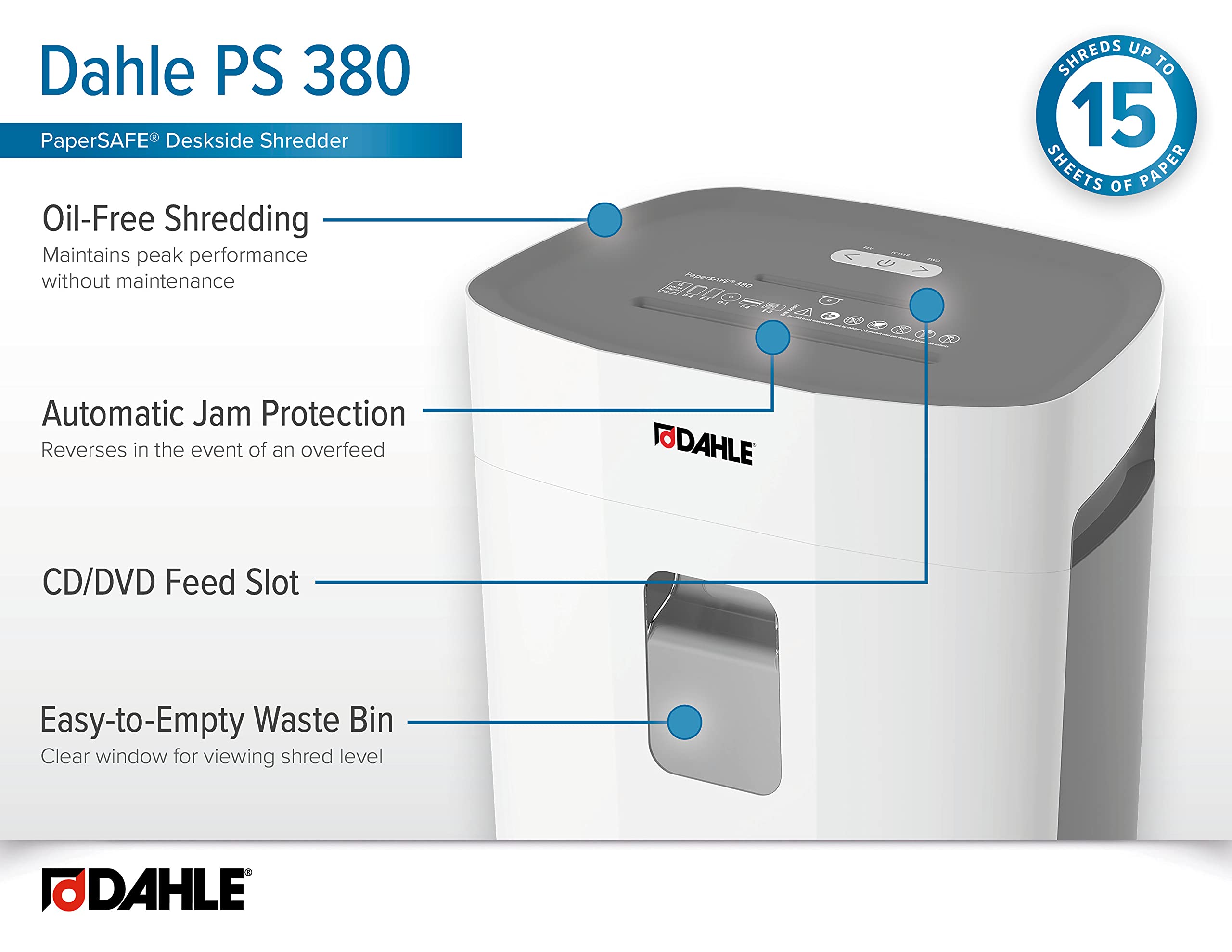 Dahle PaperSAFE PS 380 Oil-Free Paper Shredder with Jam Protection - P-4 Security Level - 15 Sheet Capacity - Shreds CDs, Staples, Paper Clips & Credit Cards - Ideal for Home Office & Small Business Document Security