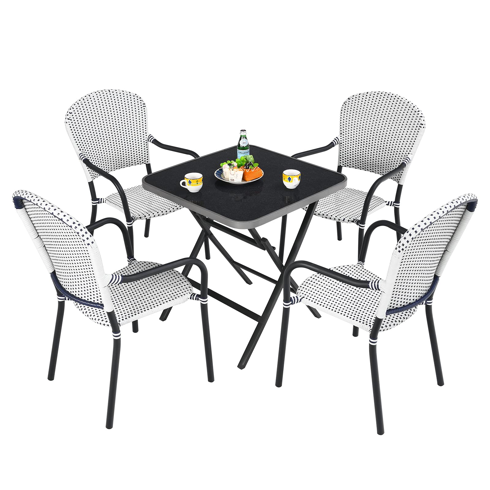Tangkula 5-Piece Rattan Patio Dining Set - No Assembly Square Folding Table & 4 Stackable Chairs with Tempered Glass Top for Backyard, Garden, Poolside | Perfect for Outdoor Entertaining, Small Space Dining & Bistro Style Decor