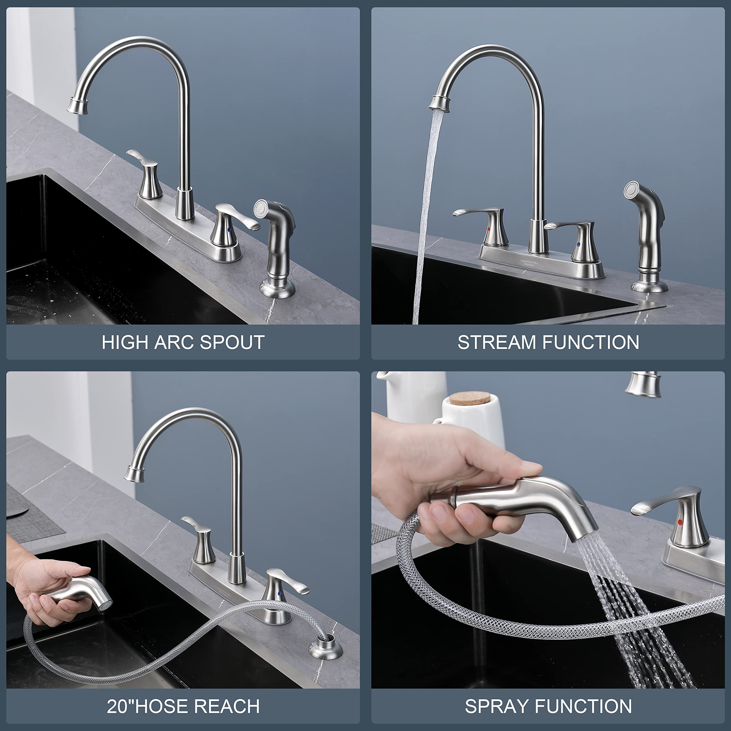 Brushed Nickel 2-Handle Kitchen Faucet with Side Sprayer - 4 Hole Mount for Sink | Perfect for Modern Kitchens, Dishwashing & Food Prep