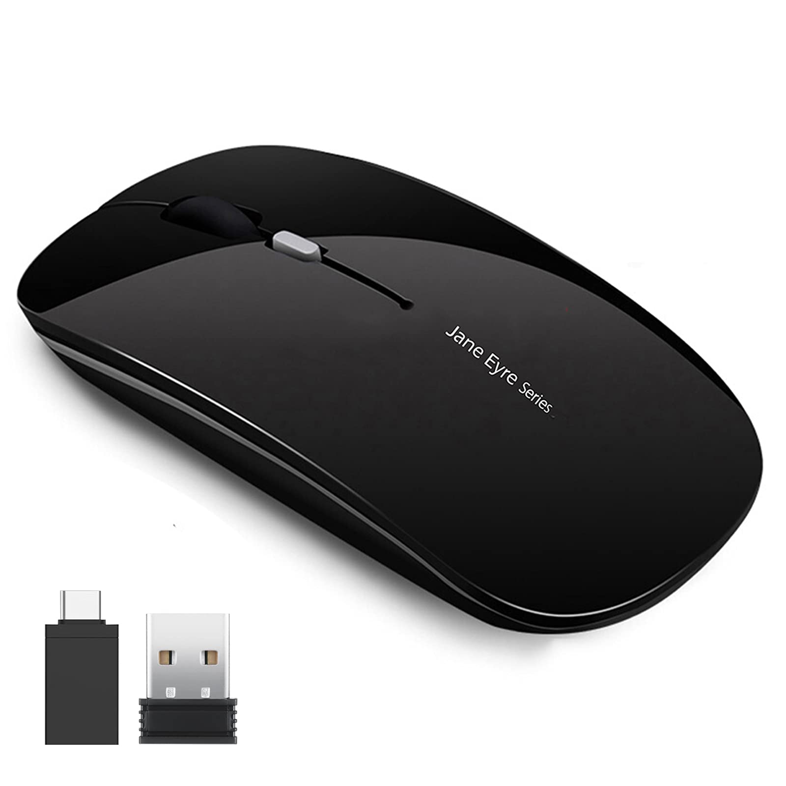 Uciefy Q5 Slim Rechargeable Wireless Mouse - 2.4G Portable Optical Silent Ultra Thin Computer Mouse with USB Receiver & Type C Adapter - Compatible with PC, Laptop, Notebook, Desktop - Perfect for Office, Home & Travel Use - Black
