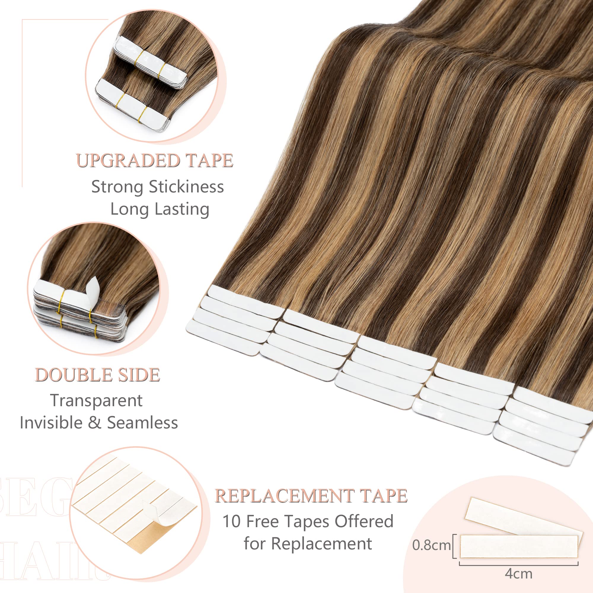 SEGO 18 Inch Tape in Hair Extensions - 100% Human Remy Hair, 100g 40pcs Straight Balayage, Seamless Skin Weft with Invisible Double Sided Tape for Women (Medium Brown & Dark Blonde) - Perfect for Daily Styling, Parties & Special Occasions