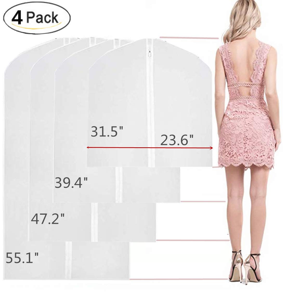 Clear Hanging Garment Bags with Heavy-Duty Zipper - 4 Pack White Plastic Clothing Dust Covers for Suits, Dresses & Closet Storage - Perfect for Travel, Moving & Seasonal Wardrobe Protection