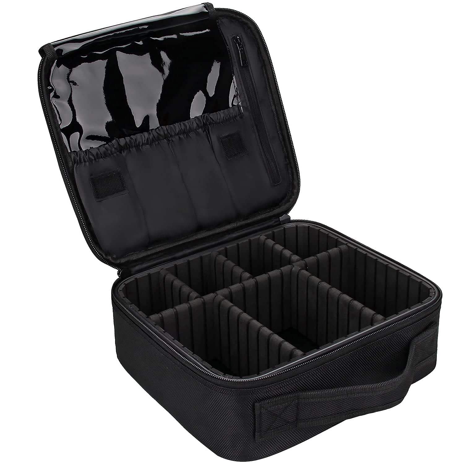 Portable Cosmetic Makeup Bag Organizer with Adjustable Compartments - Travel Makeup Case for Brushes, Hair Tools & Toiletries | Perfect for Women's Travel, Gym & Daily Use (Black)