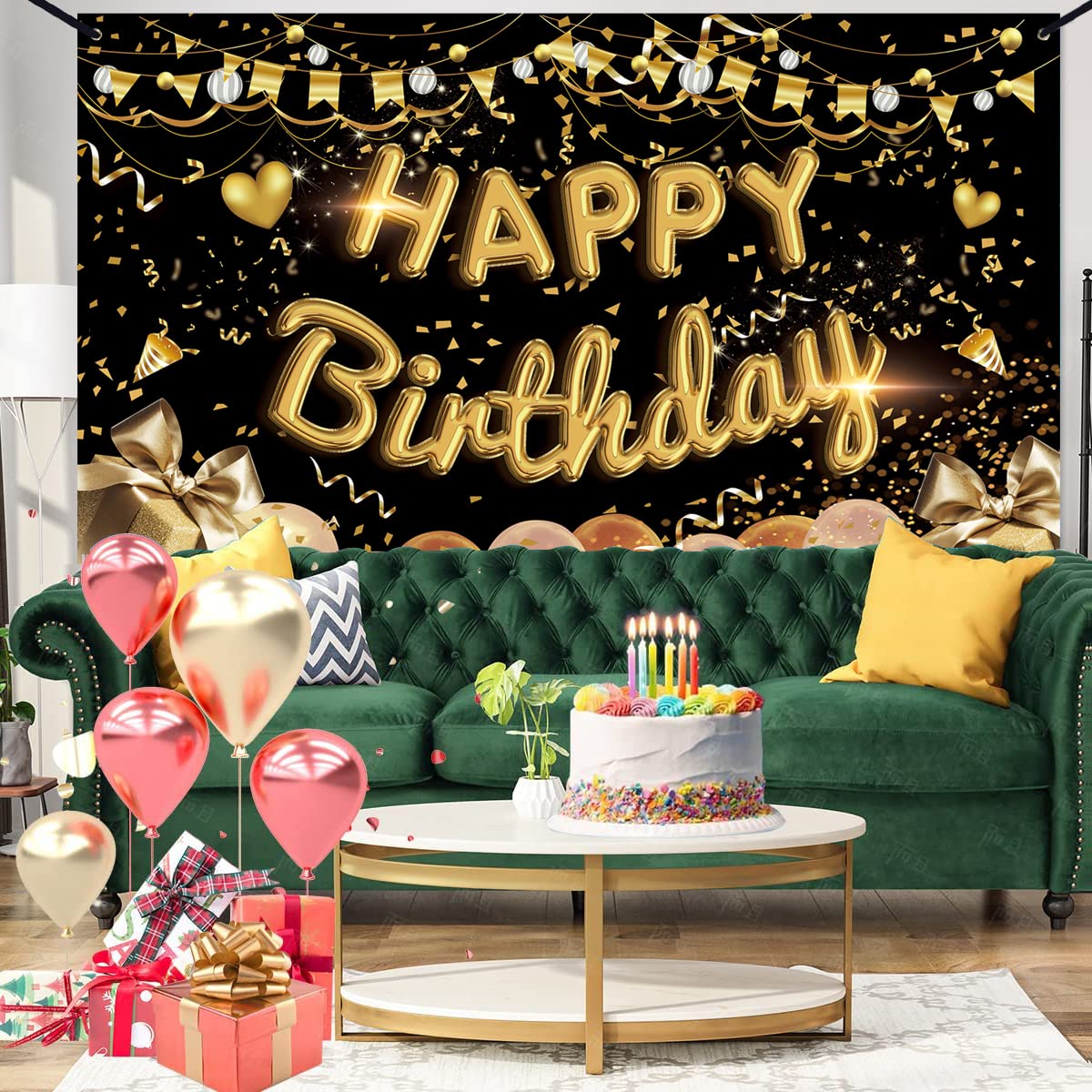 Extra Large Happy Birthday Backdrop Banner - 71 x 43.3 Inch Black Gold Fabric Sign for Photo Booth, Party Decorations | Perfect for Men & Women Birthday, Anniversary Celebrations | Great Gift Idea for Party Supplies