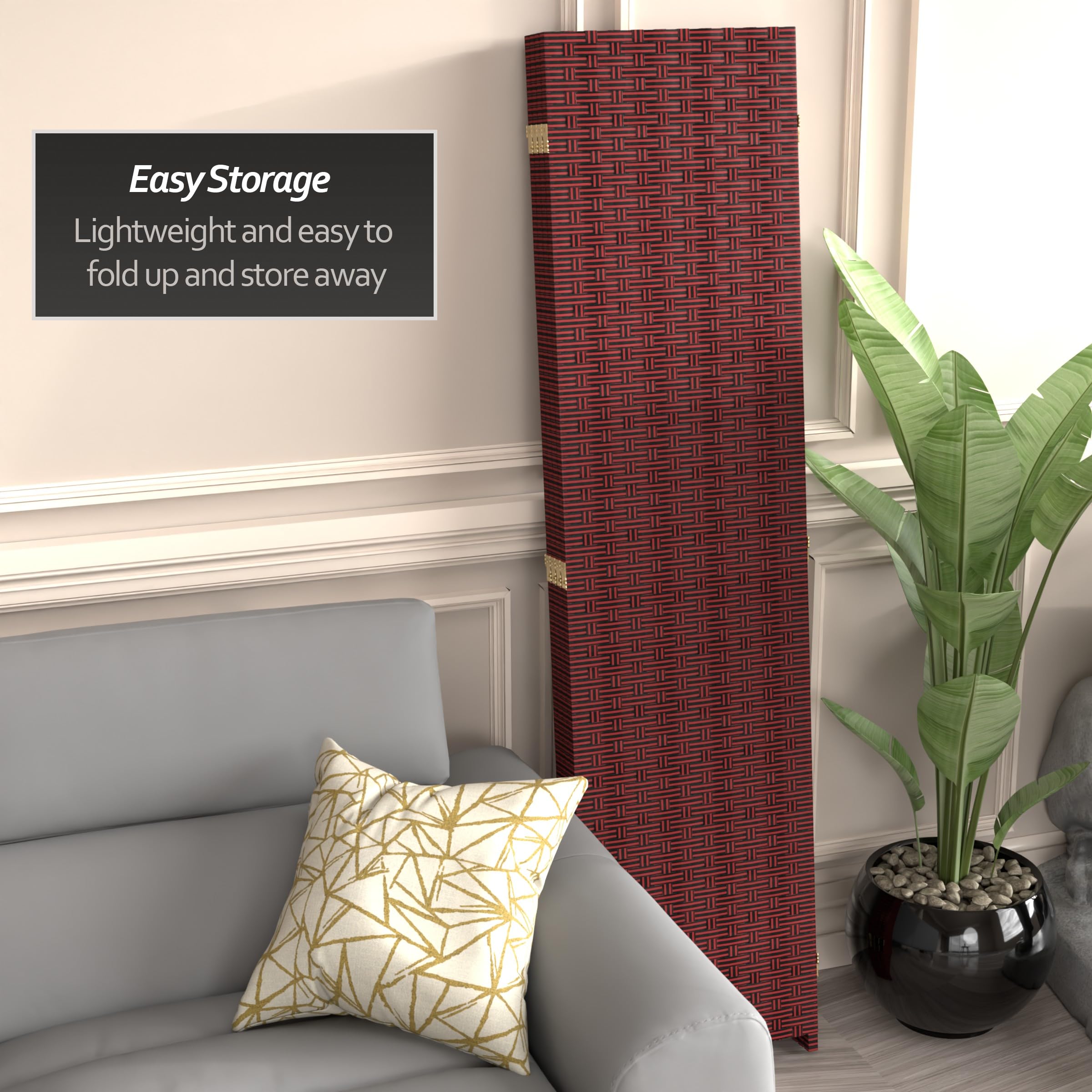 6 ft Tall Red and Black Woven Fiber Room Divider - 4 Panel Folding Privacy Screen for Home, Office, or Outdoor Use